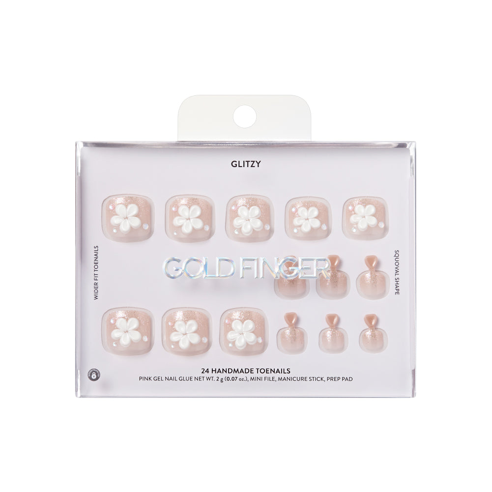 Gold Finger Glitzy 3D Press-On Toenails in Sterling – Squoval Fake Toes, Clear Glitter with 3D White Flower, Luxury Glue On Pedicure, Wider Fit 24 Pc Kit