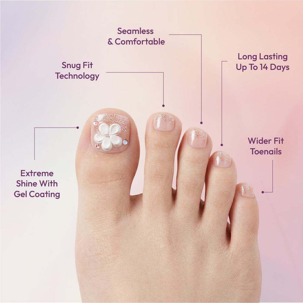 Gold Finger Glitzy 3D Press-On Toenails in Sterling – Squoval Fake Toes, Clear Glitter with 3D White Flower, Luxury Glue On Pedicure, Wider Fit 24 Pc Kit