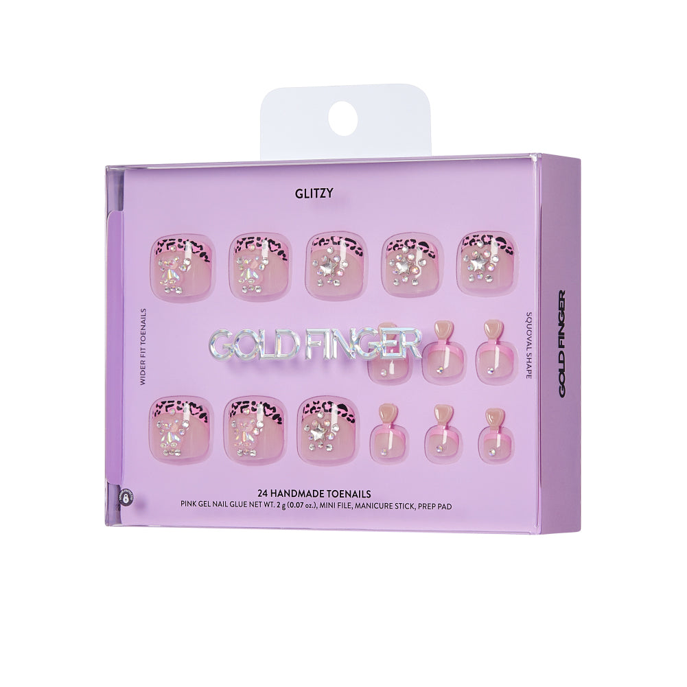 Gold Finger Glitzy 3D Press-On Toenails in Bijou – Squoval Fake Toes, Pink Leopard French Tip with Star Rhinestones, Luxury Glue On Pedicure, Wider Fit 24 Pc Kit