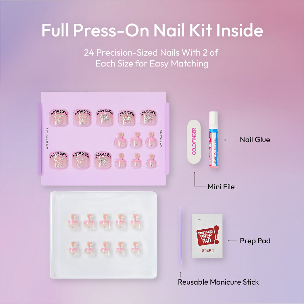Gold Finger Glitzy 3D Press-On Toenails in Bijou – Squoval Fake Toes, Pink Leopard French Tip with Star Rhinestones, Luxury Glue On Pedicure, Wider Fit 24 Pc Kit
