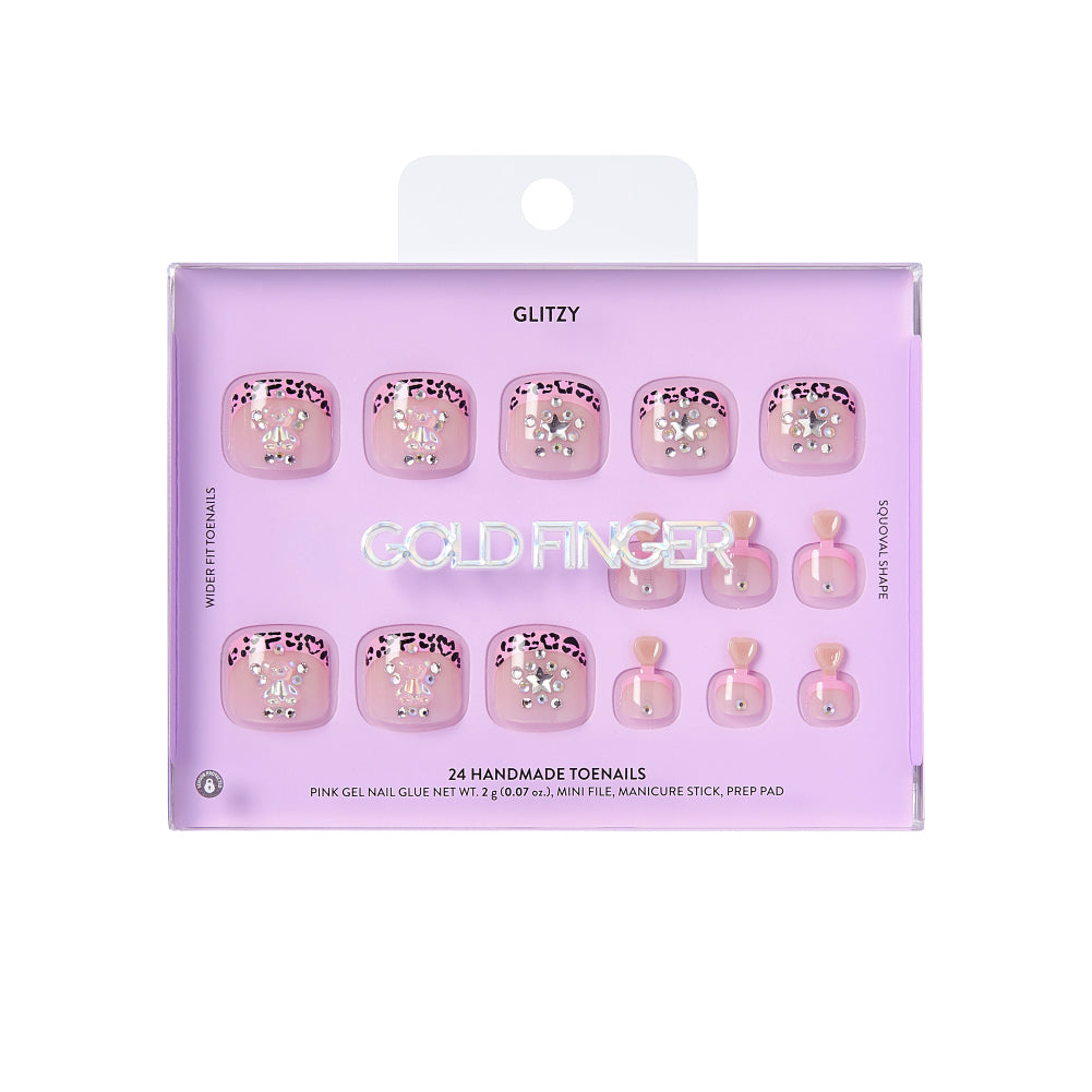Gold Finger Glitzy 3D Press-On Toenails in Bijou – Squoval Fake Toes, Pink Leopard French Tip with Star Rhinestones, Luxury Glue On Pedicure, Wider Fit 24 Pc Kit