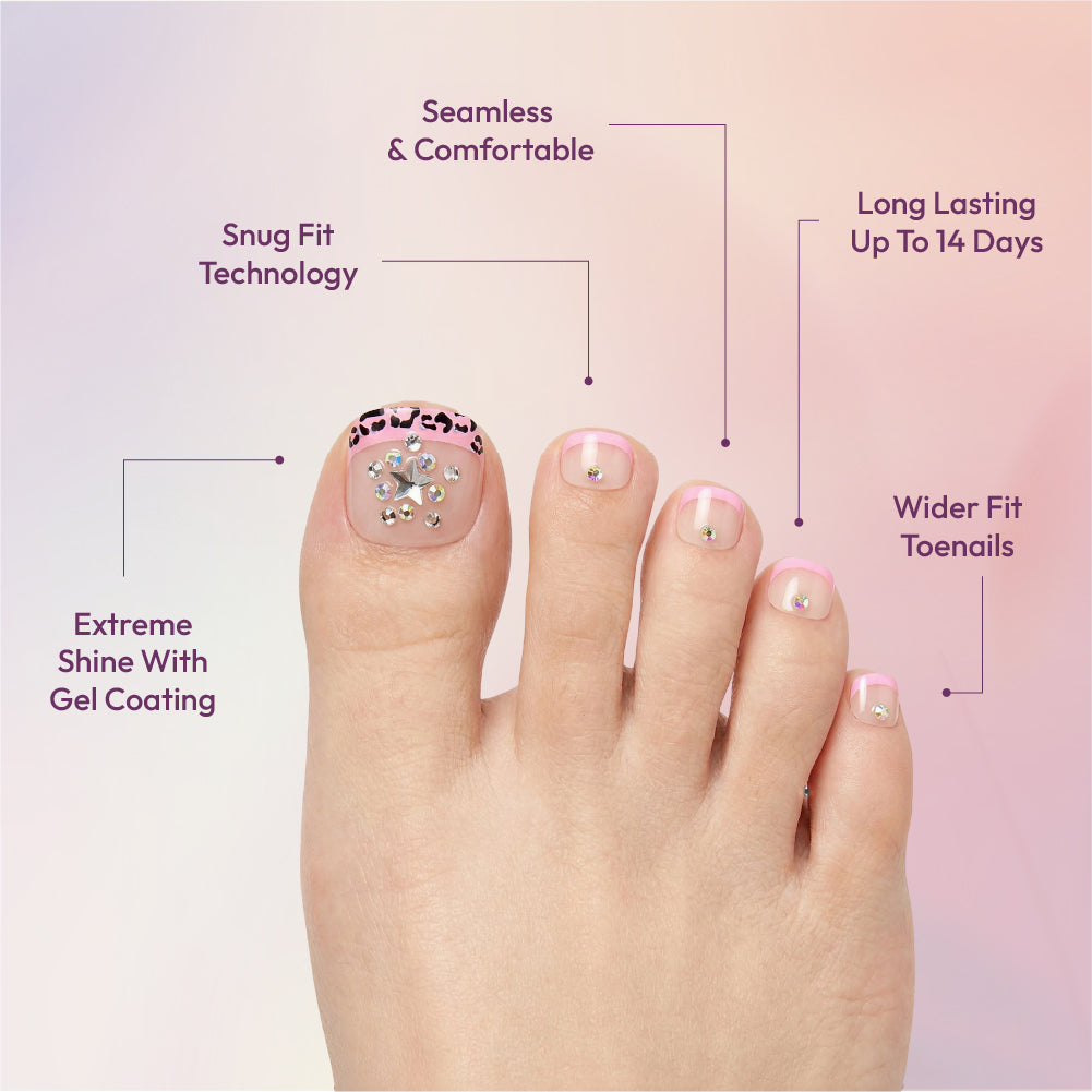 Gold Finger Glitzy 3D Press-On Toenails in Bijou – Squoval Fake Toes, Pink Leopard French Tip with Star Rhinestones, Luxury Glue On Pedicure, Wider Fit 24 Pc Kit