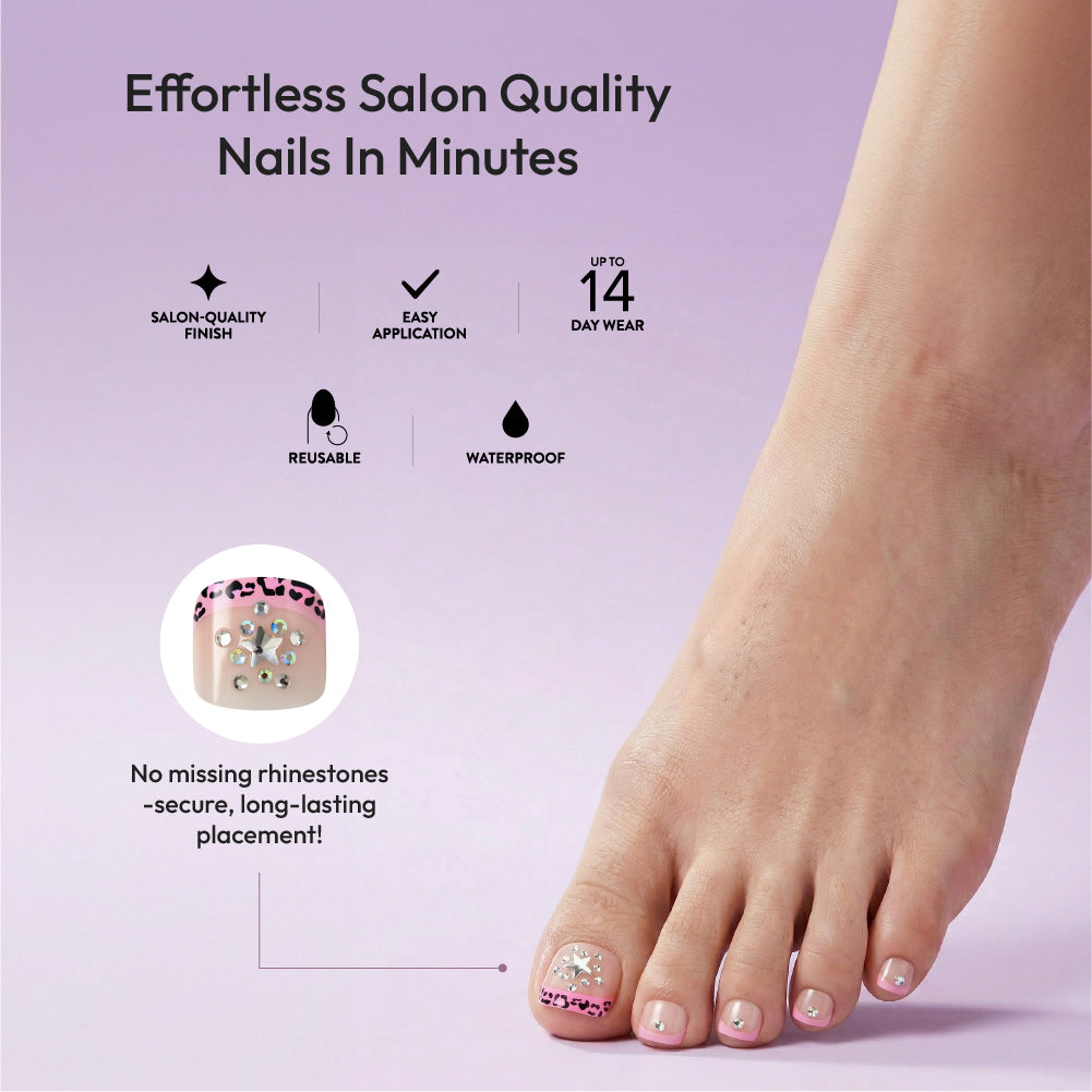 Gold Finger Glitzy 3D Press-On Toenails in Bijou – Squoval Fake Toes, Pink Leopard French Tip with Star Rhinestones, Luxury Glue On Pedicure, Wider Fit 24 Pc Kit