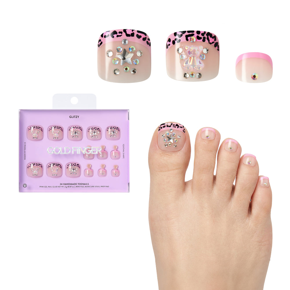 Gold Finger Glitzy 3D Press-On Toenails in Bijou – Squoval Fake Toes, Pink Leopard French Tip with Star Rhinestones, Luxury Glue On Pedicure, Wider Fit 24 Pc Kit