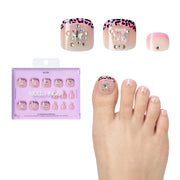 Gold Finger Glitzy 3D Press-On Toenails in Bijou – Squoval Fake Toes, Pink Leopard French Tip with Star Rhinestones, Luxury Glue On Pedicure, Wider Fit 24 Pc Kit