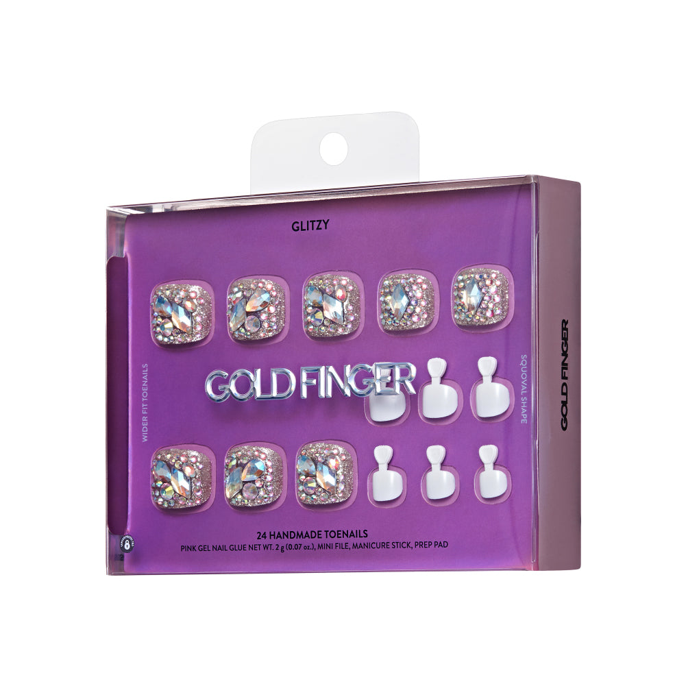 Gold Finger Glitzy 3D Press-On Toenails in Crown Jewels – Wider Fit Fake Toes, Champagne Gold with Full Emerald-Cut Central Gem & Pavé Rhinestones, Luxury Glue On Pedicure, 24 Pc Kit