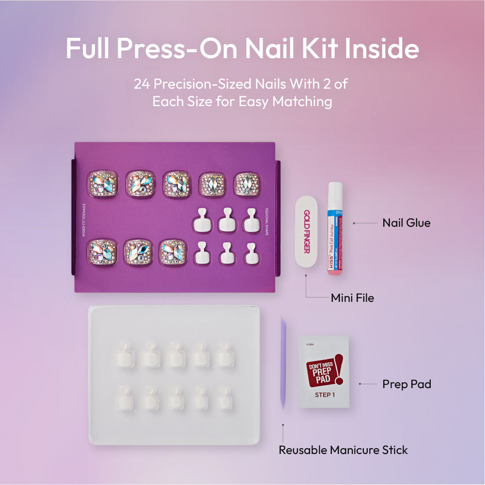 Gold Finger Glitzy 3D Press-On Toenails in Crown Jewels – Wider Fit Fake Toes, Champagne Gold with Full Emerald-Cut Central Gem & Pavé Rhinestones, Luxury Glue On Pedicure, 24 Pc Kit