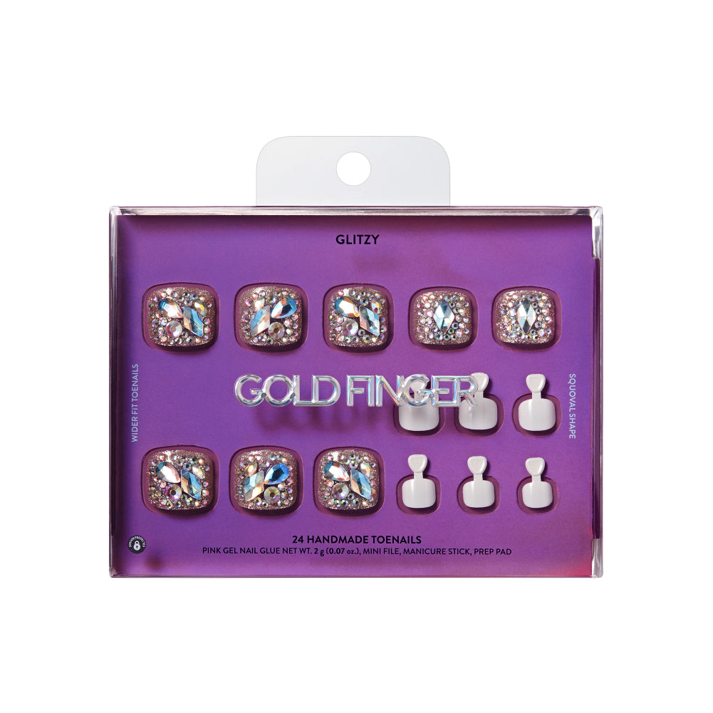 Gold Finger Glitzy 3D Press-On Toenails in Crown Jewels – Wider Fit Fake Toes, Champagne Gold with Full Emerald-Cut Central Gem & Pavé Rhinestones, Luxury Glue On Pedicure, 24 Pc Kit