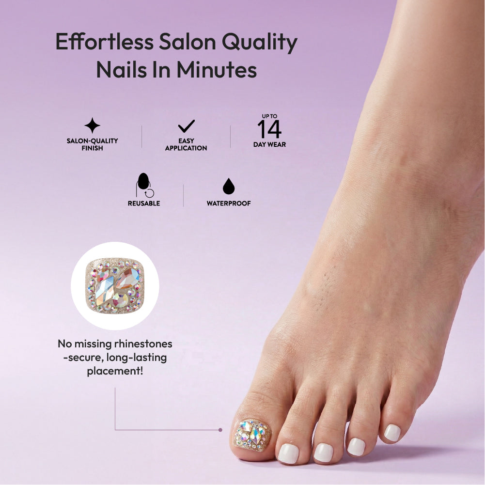 Gold Finger Glitzy 3D Press-On Toenails in Crown Jewels – Wider Fit Fake Toes, Champagne Gold with Full Emerald-Cut Central Gem & Pavé Rhinestones, Luxury Glue On Pedicure, 24 Pc Kit