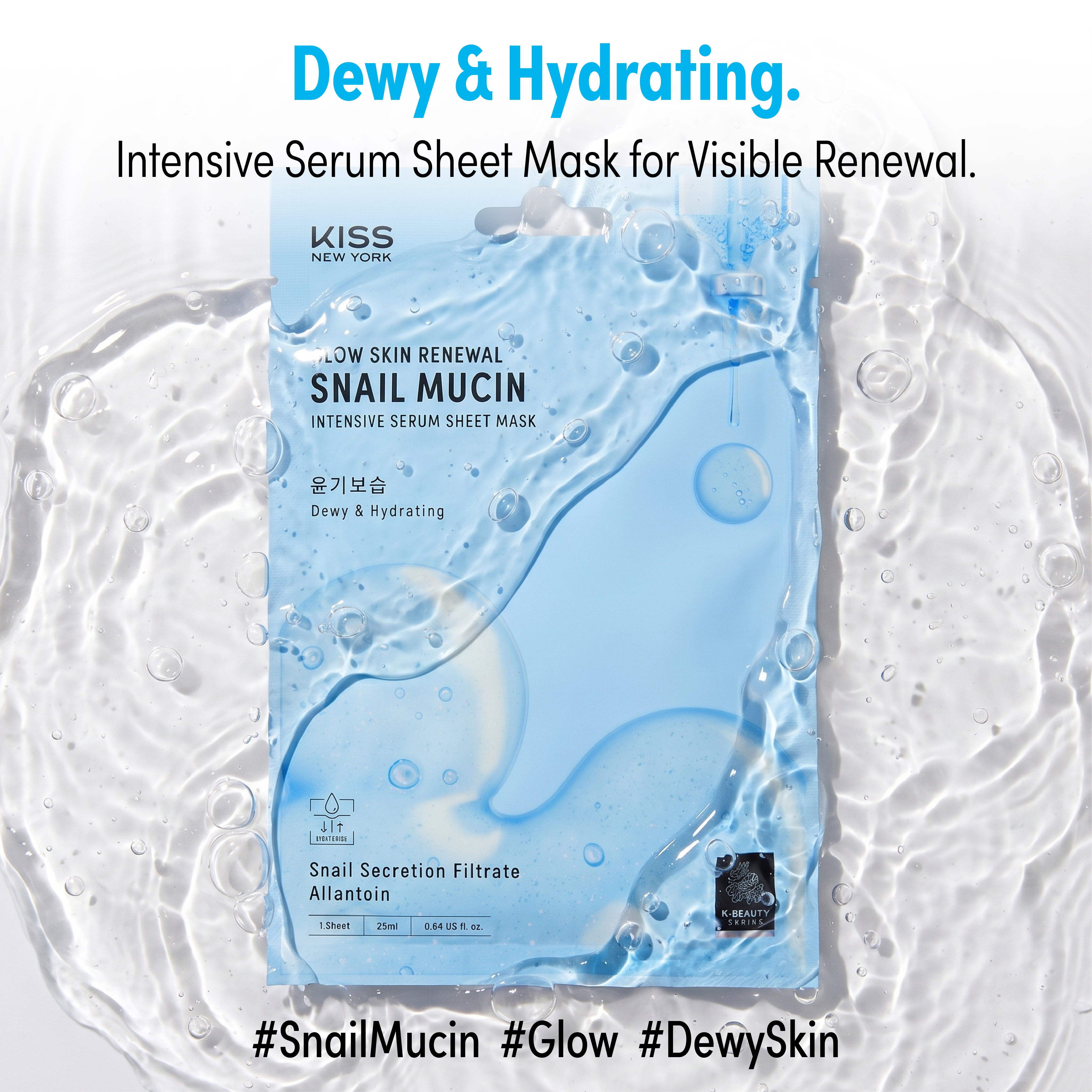 KISS NEW YORK Glow Skin Renewal Snail Mucin Intensive Serum Sheet Mask(6 Sheets) - Hydrating & Firming Korean Face Mask with Allantoin