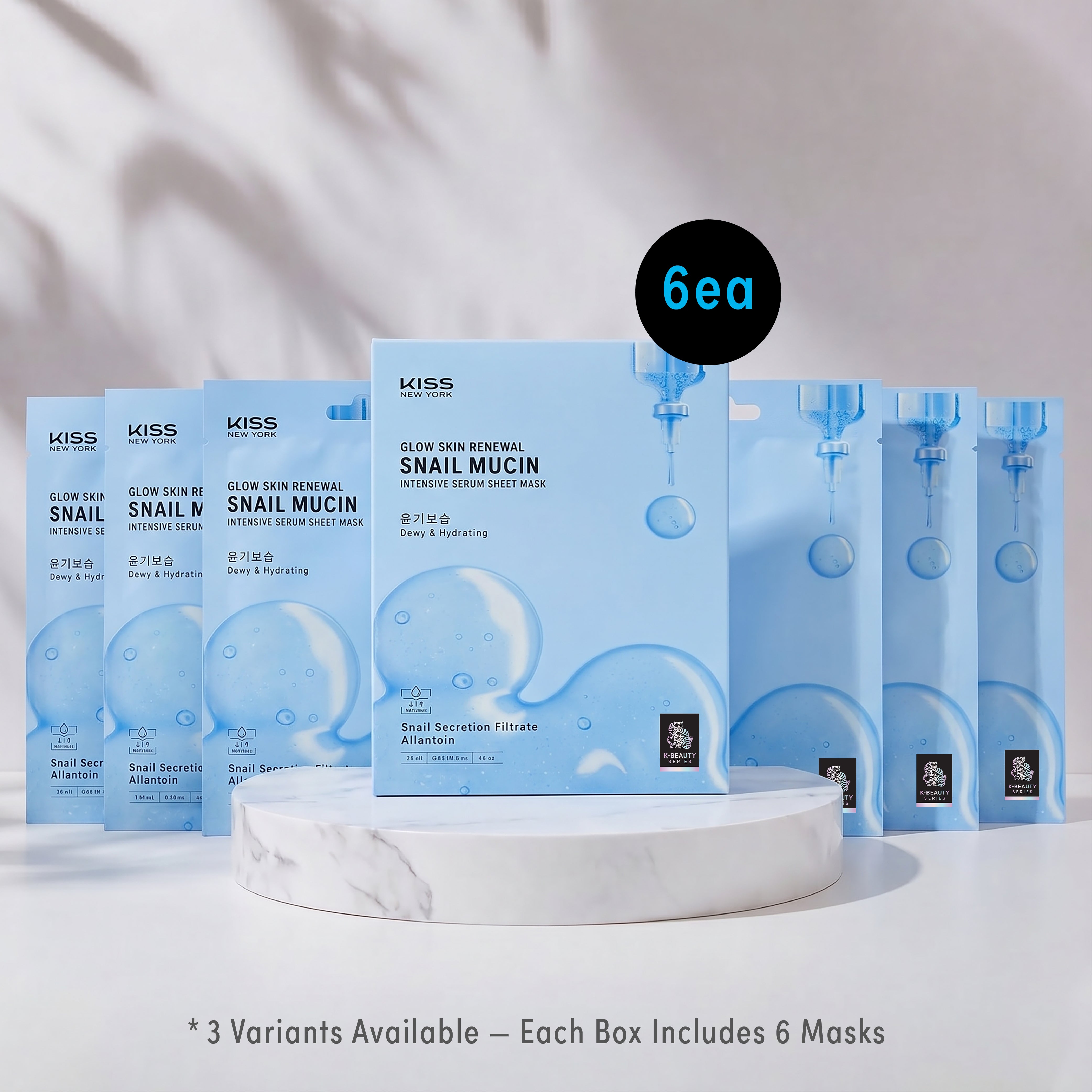 KISS NEW YORK Glow Skin Renewal Snail Mucin Intensive Serum Sheet Mask(6 Sheets) - Hydrating & Firming Korean Face Mask with Allantoin