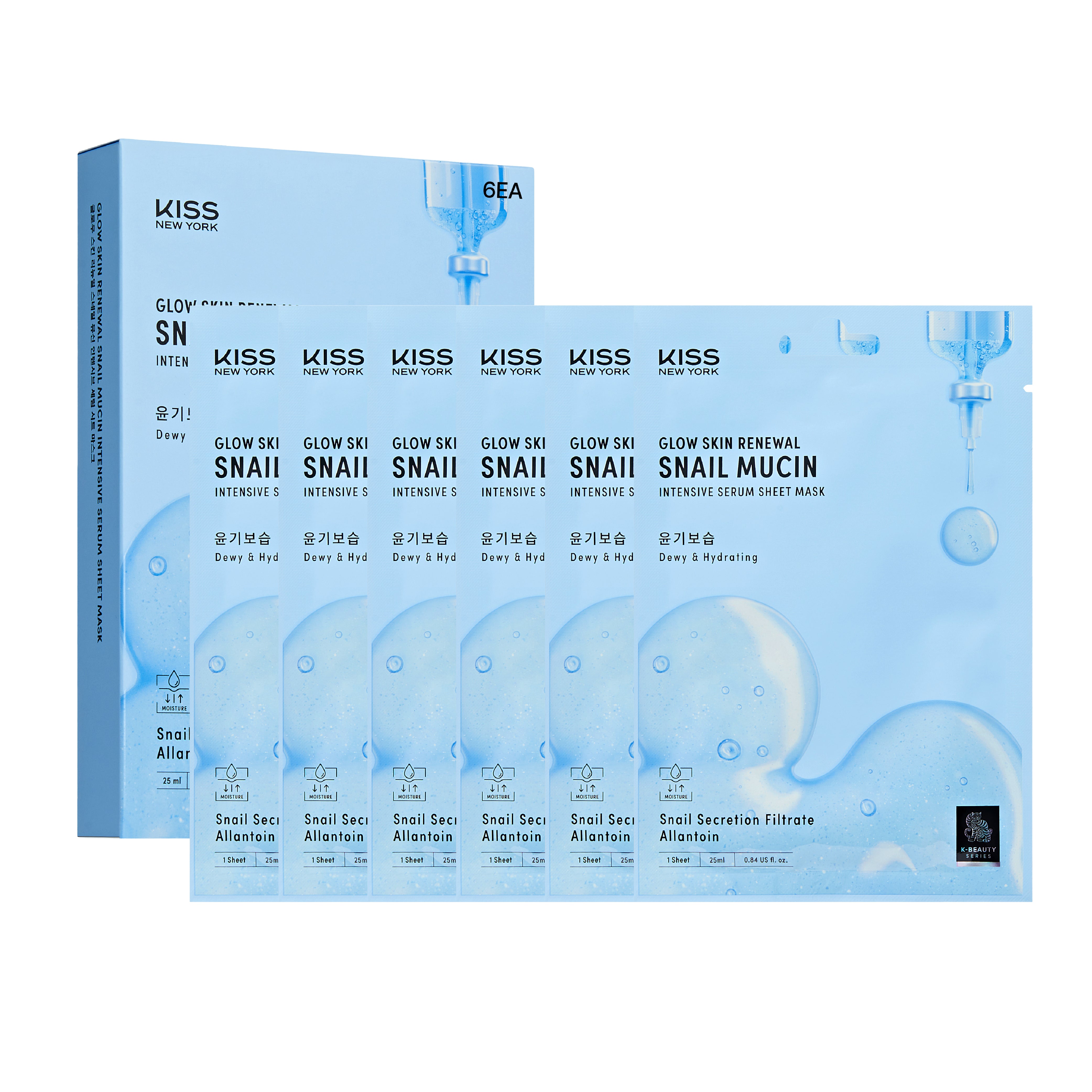 KISS NEW YORK Glow Skin Renewal Snail Mucin Intensive Serum Sheet Mask(6 Sheets) - Hydrating & Firming Korean Face Mask with Allantoin