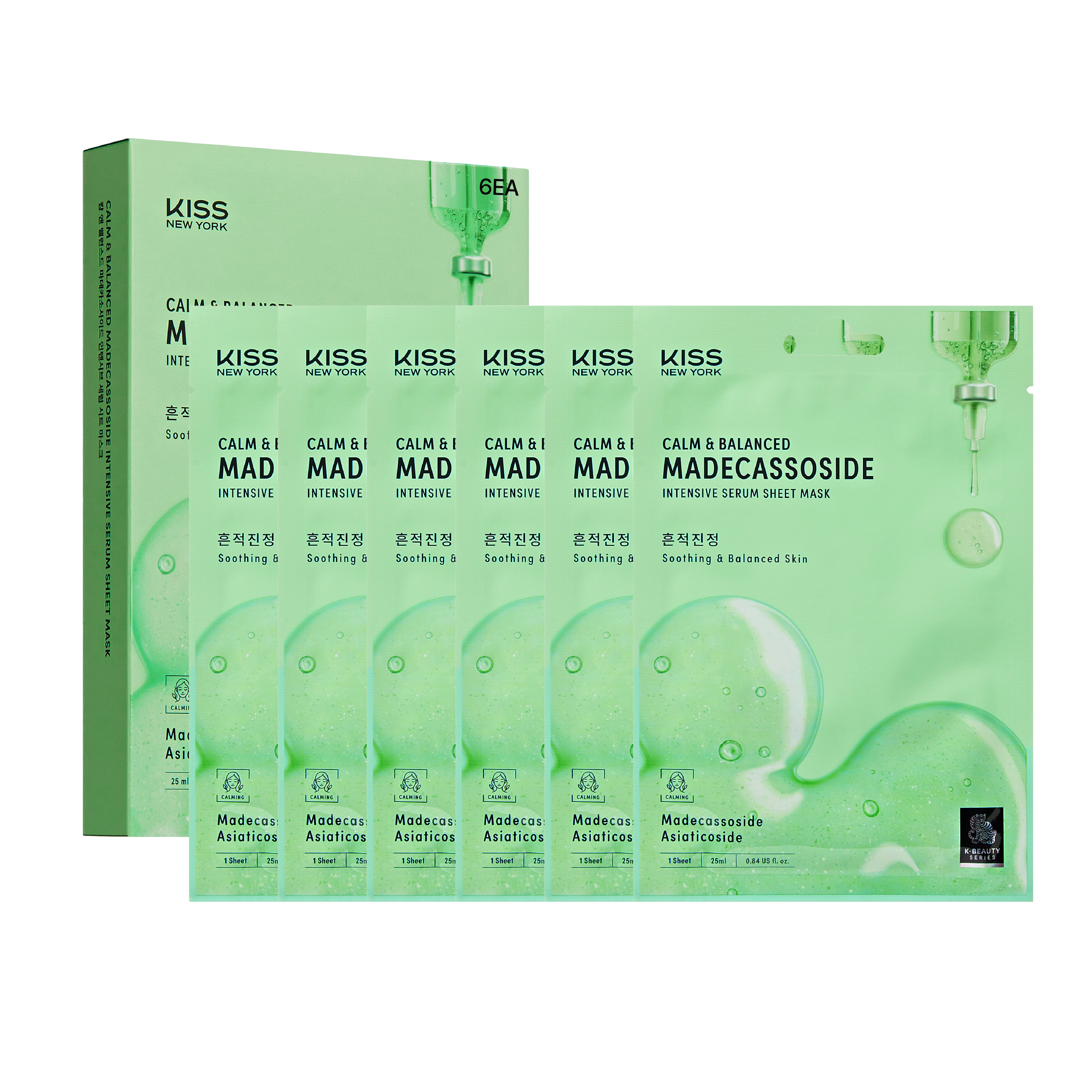 KISS NEW YORK Calm & Balanced Madecassoside Intensive Serum Sheet Mask(6 Sheets)- Soothing & Barrier Repair Cica Face Mask