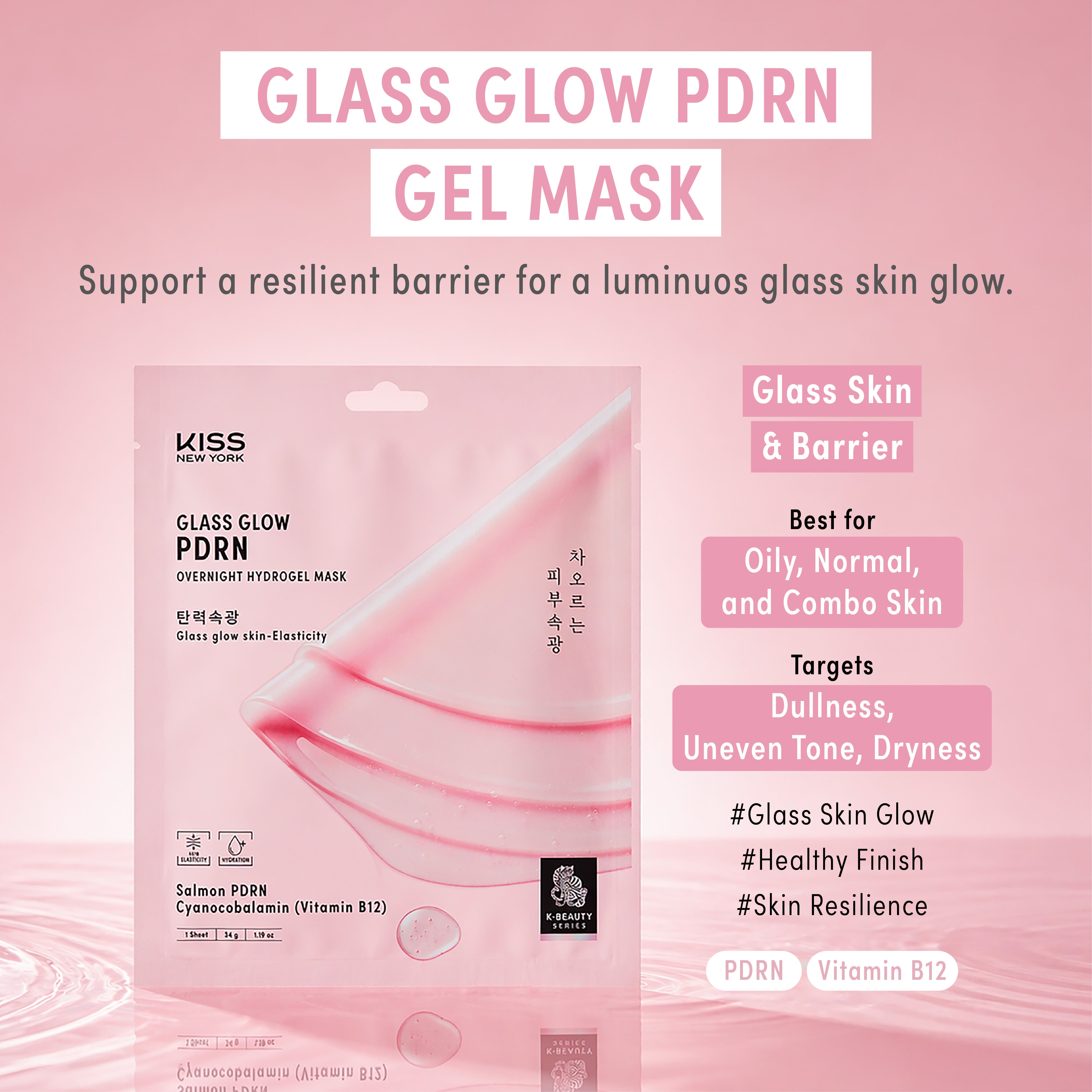 KISS NEW YORK Glass Glow PDRN Overnight Hydrogel Mask (4 Sheets) - Skin Barrier & Elasticity product view.