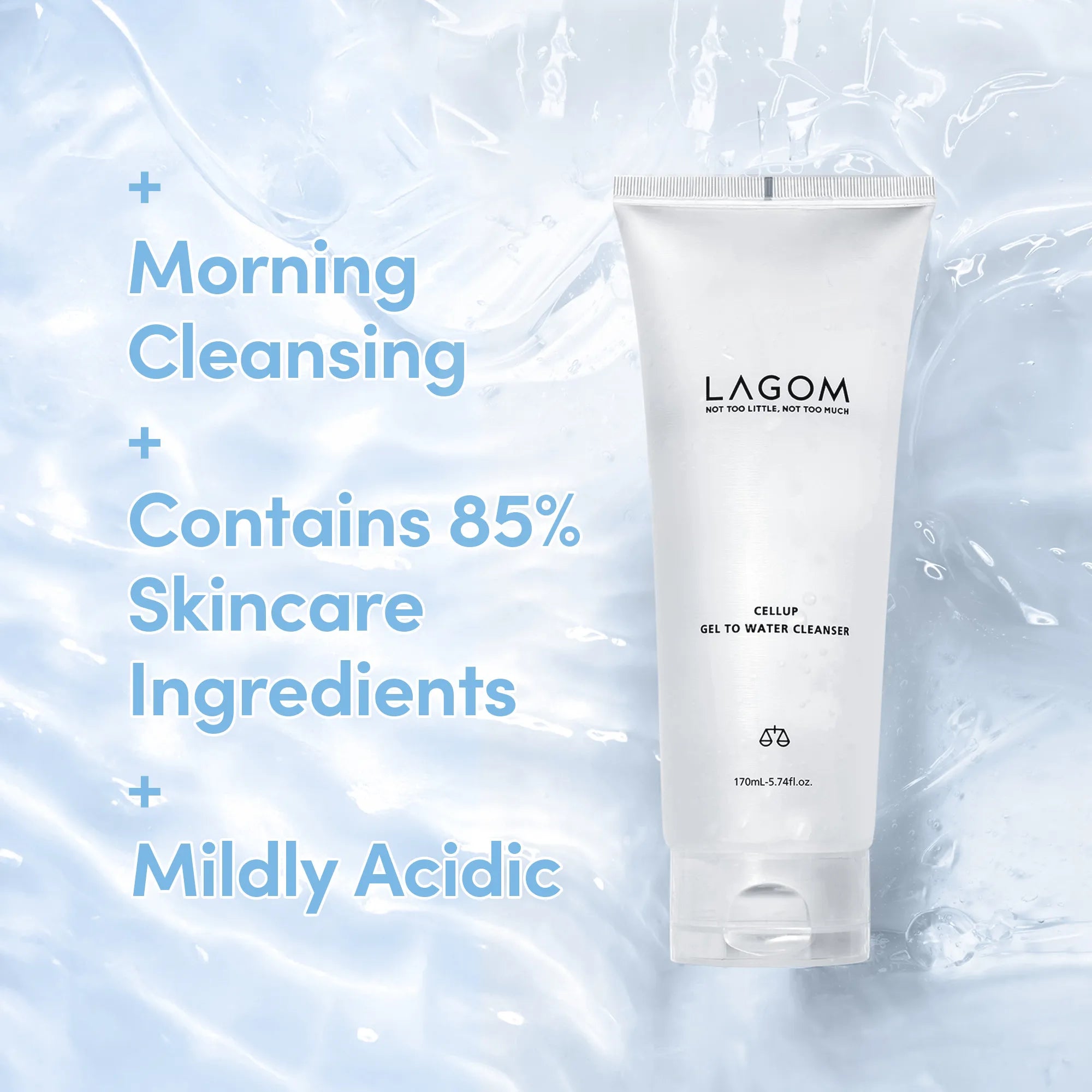 LAGOM Cellup Gel-to-Water Cleanser - Hydrating Morning Cleanser with 85% Skincare Ingredients, Mildly Acidic pH for Sensitive Skin (170ml / 5.74 fl.oz) product view.