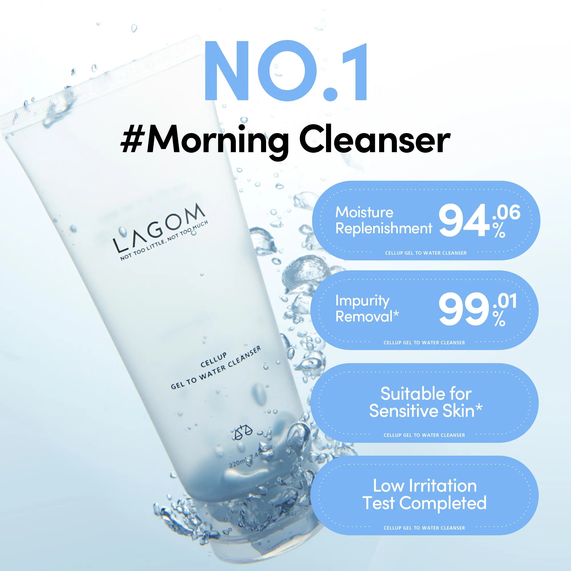LAGOM Cellup Gel-to-Water Cleanser - Hydrating Morning Cleanser with 85% Skincare Ingredients, Mildly Acidic pH for Sensitive Skin (170ml / 5.74 fl.oz) product view.