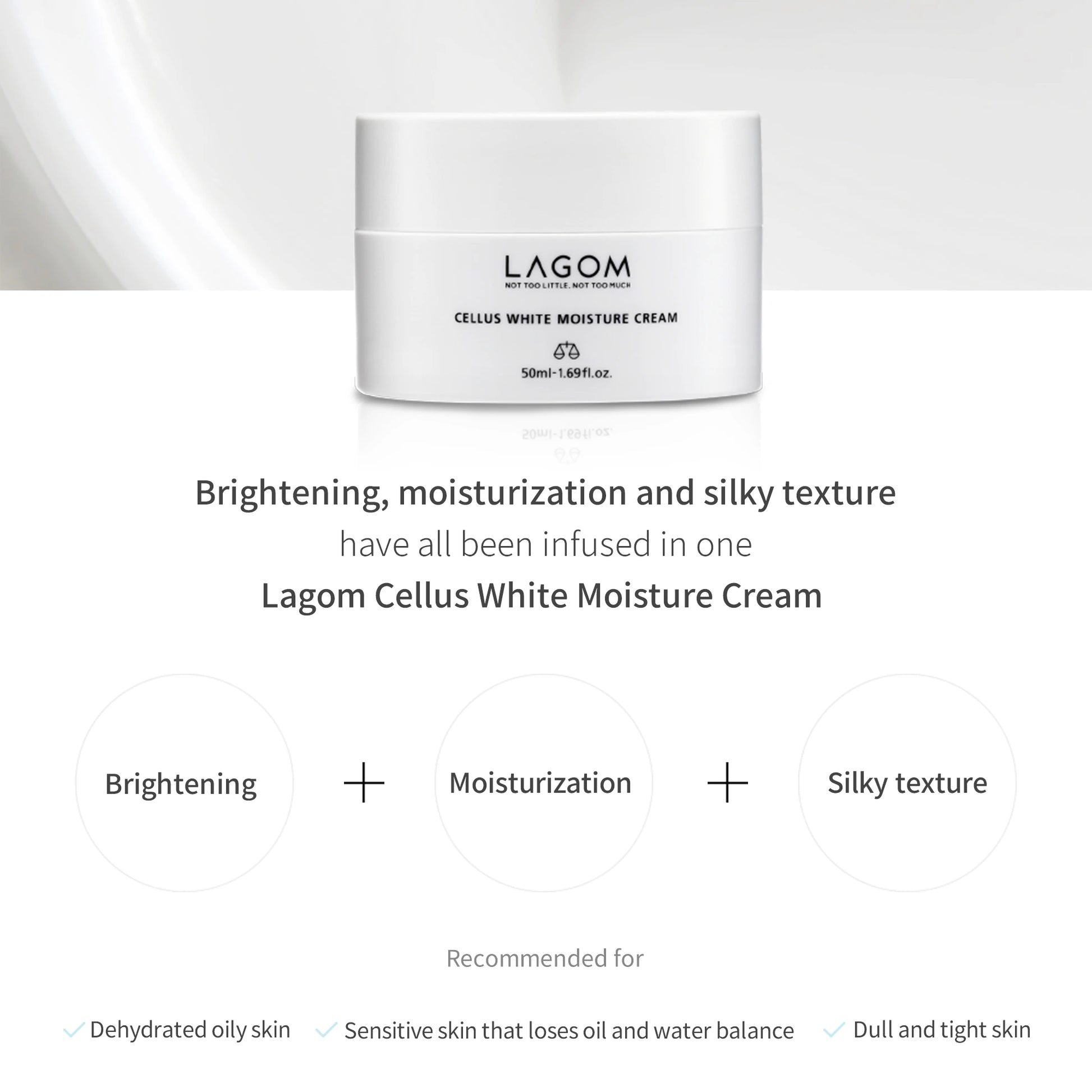 LAGOM Cellus White Moisture Cream - Brightening Face Moisturizer with 2% Niacinamide & Shea Butter - Silky Korean Skincare for Dark Spots, Dullness & Dehydrated Oily Skin - 1.69 fl.oz. product view.