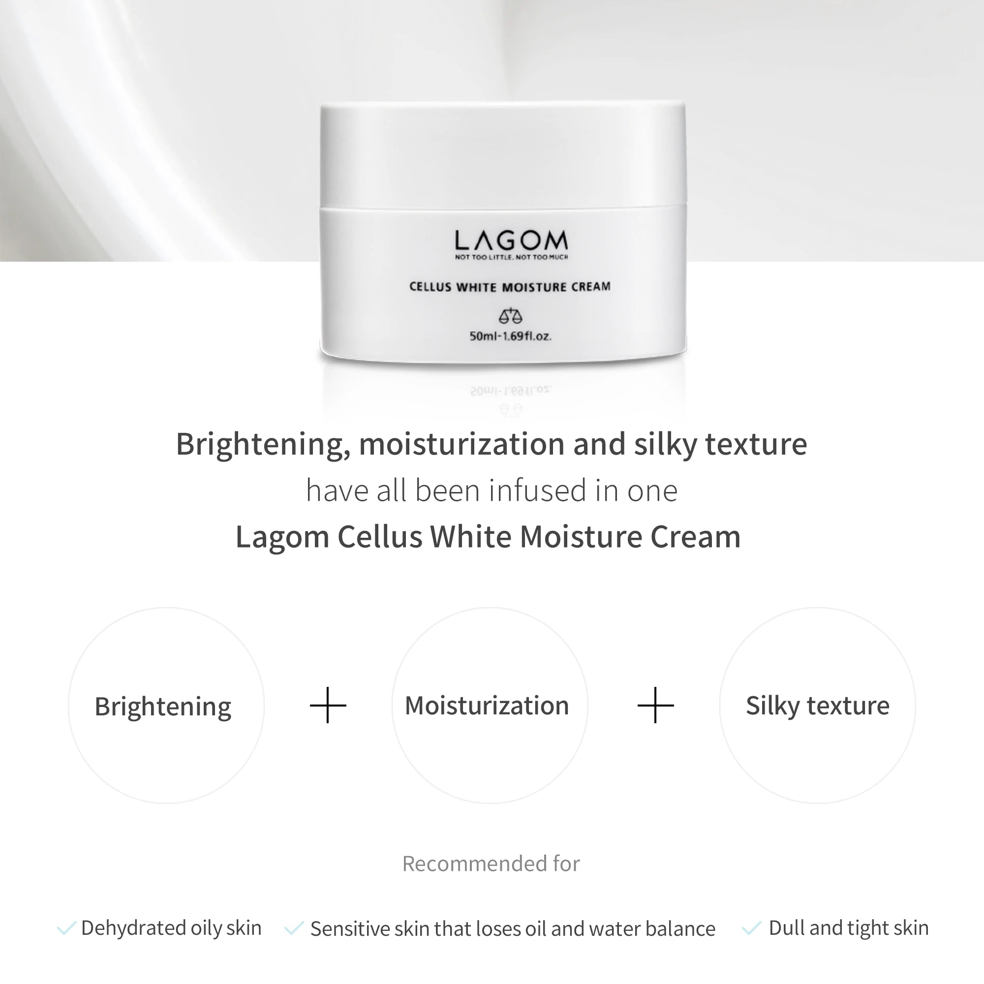 LAGOM Cellus White Moisture Cream - Brightening Face Moisturizer with 2% Niacinamide & Shea Butter - Silky Korean Skincare for Dark Spots, Dullness & Dehydrated Oily Skin - 1.69 fl.oz. product view.