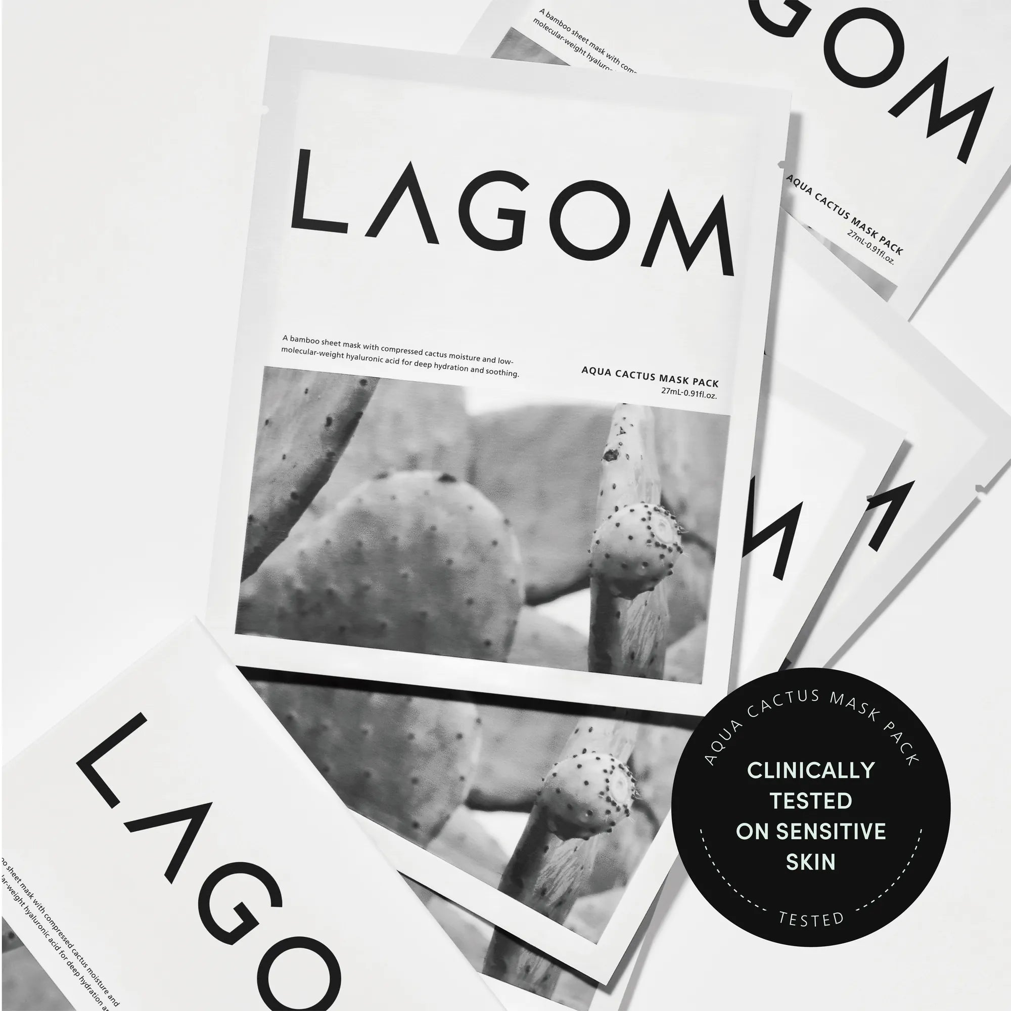 LAGOM Aqua Cactus Mask Pack (5 Sheets) - 100% Bamboo Cellulose Sheet with Compressed Cactus Water & Hyaluronic Acid, Instant -3.6℃ Cooling & 25-Layer Deep Hydration