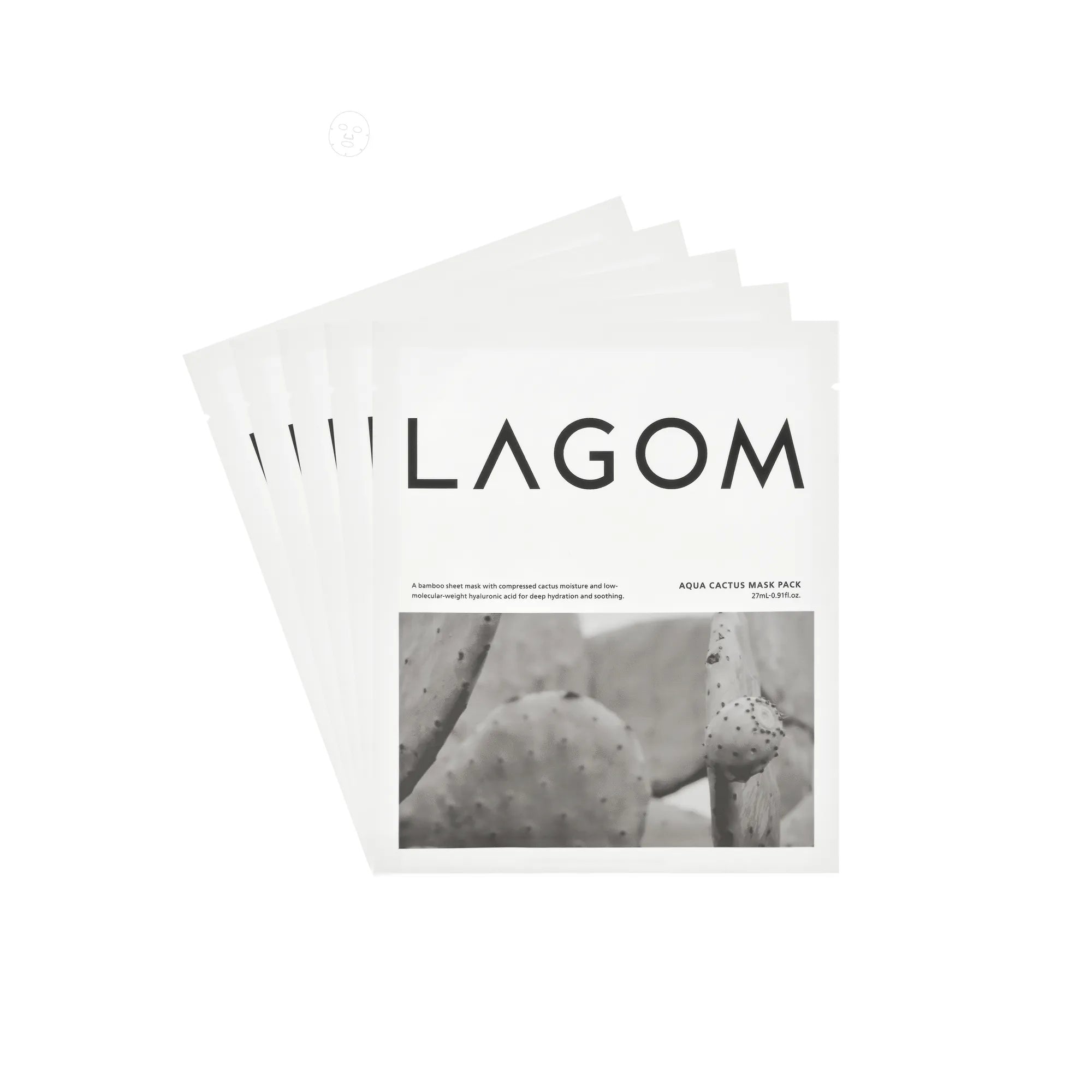 LAGOM Aqua Cactus Mask Pack (5 Sheets) - 100% Bamboo Cellulose Sheet with Compressed Cactus Water & Hyaluronic Acid, Instant -3.6℃ Cooling & 25-Layer Deep Hydration