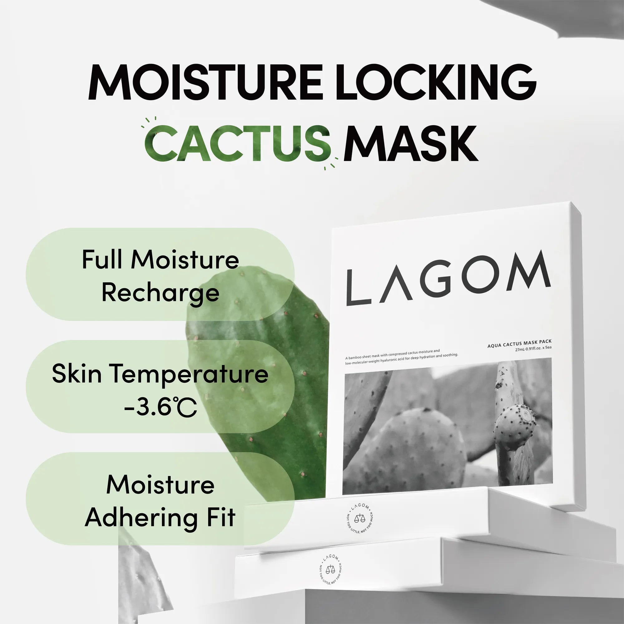 LAGOM Aqua Cactus Mask Pack (5 Sheets) - 100% Bamboo Cellulose Sheet with Compressed Cactus Water & Hyaluronic Acid, Instant -3.6℃ Cooling & 25-Layer Deep Hydration