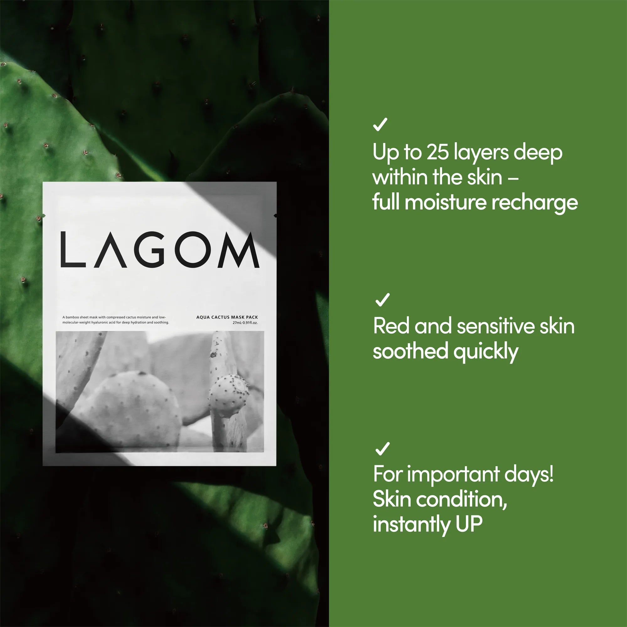 LAGOM Aqua Cactus Mask Pack (5 Sheets) - 100% Bamboo Cellulose Sheet with Compressed Cactus Water & Hyaluronic Acid, Instant -3.6℃ Cooling & 25-Layer Deep Hydration
