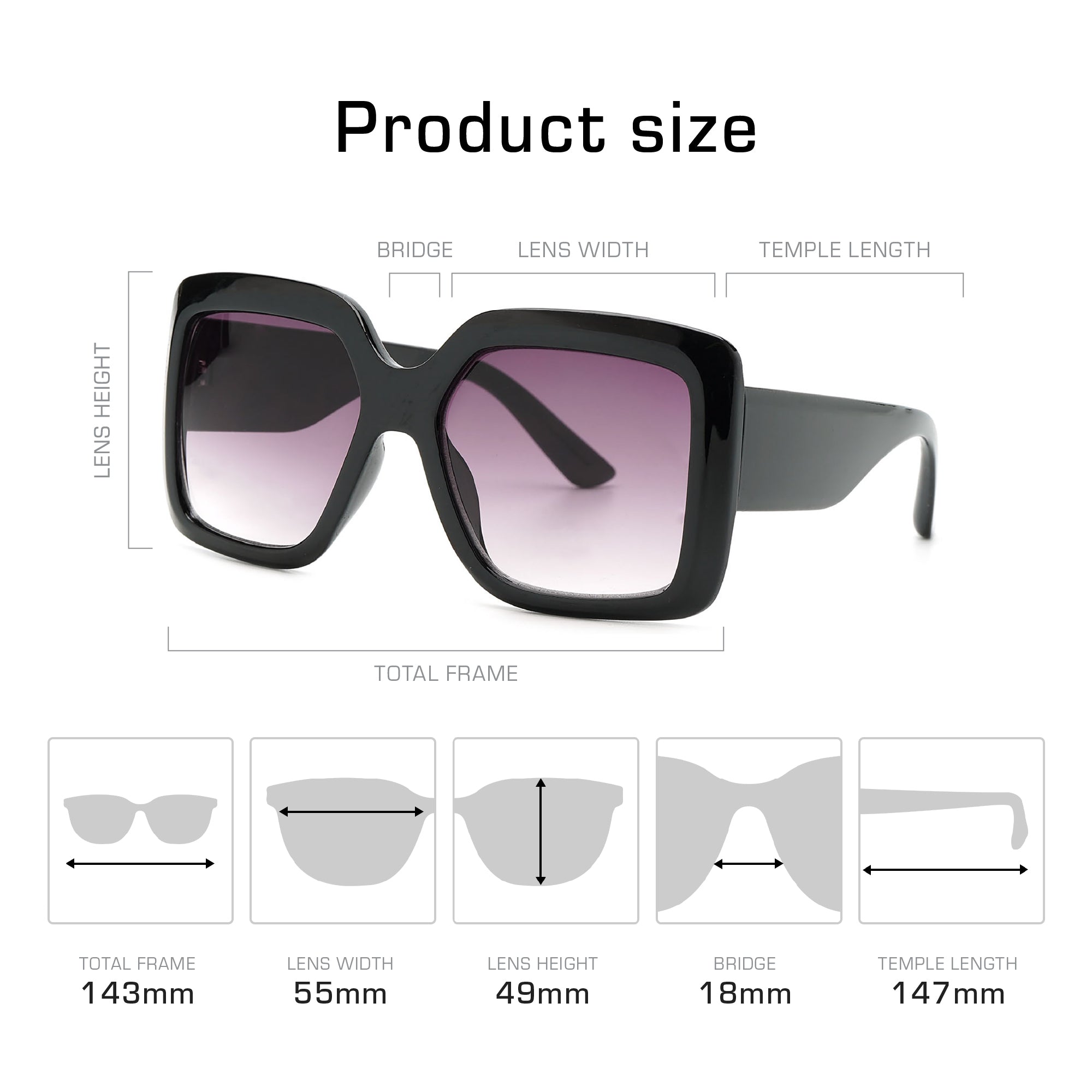 Mad Shade Retro Oversized Sunglasses - Thick Black Rectangle Frame with Gradient Lens