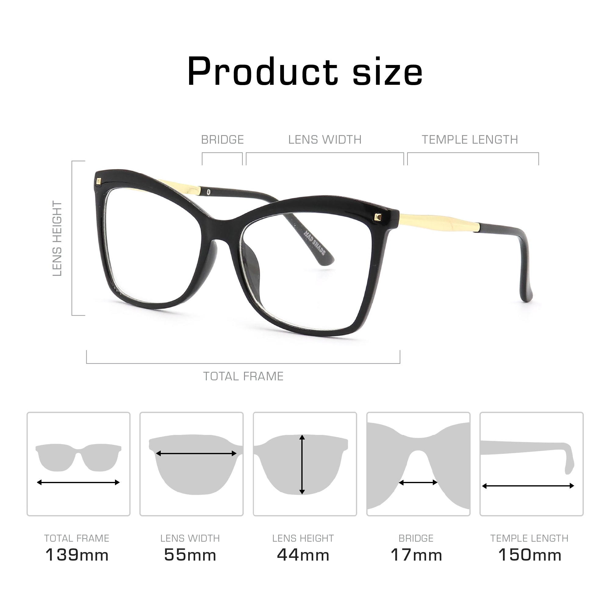 MadShade Black Cat Eye Fake Glasses with Gold Accents - Retro Clear Lens Eyewear