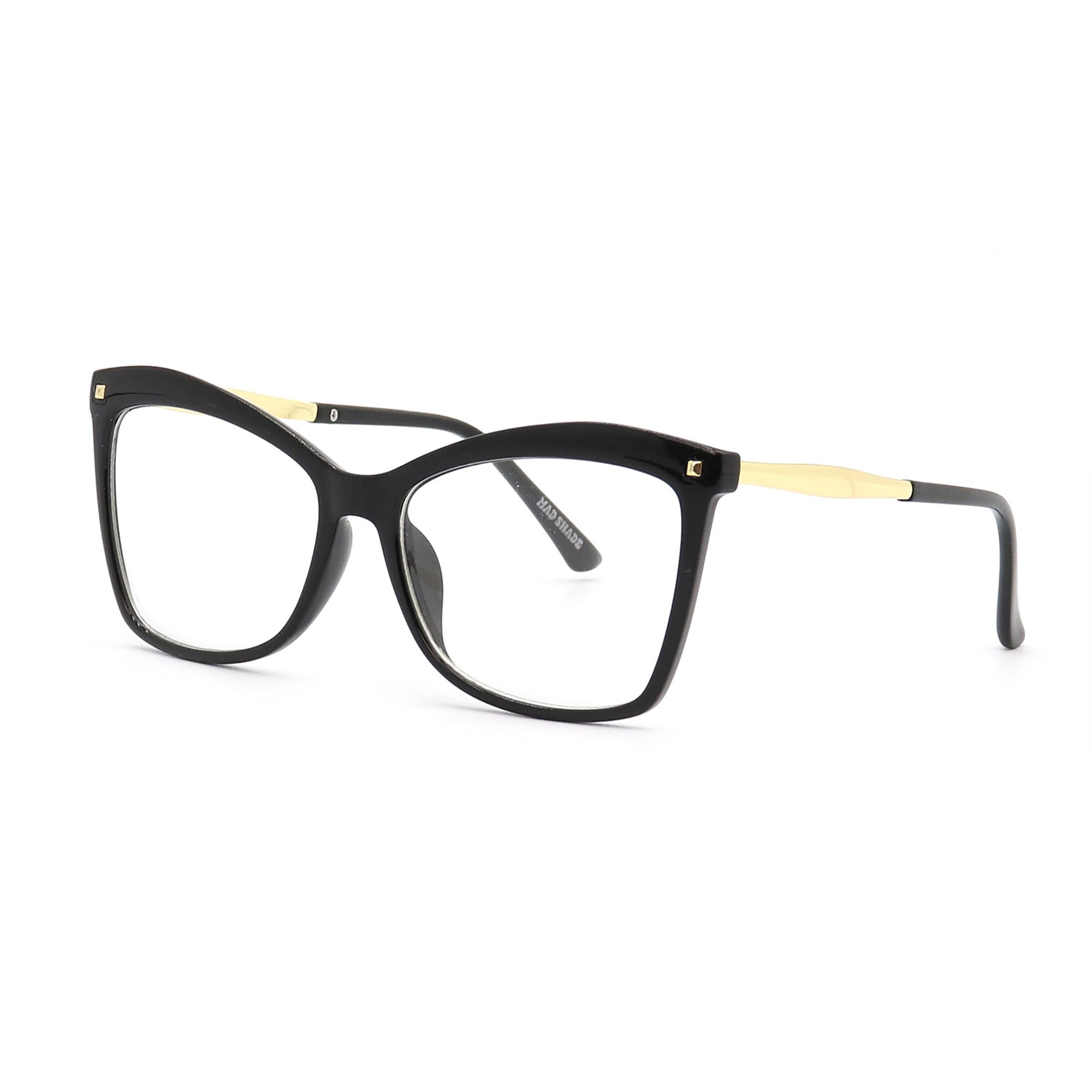 MadShade Black Cat Eye Fake Glasses with Gold Accents - Retro Clear Lens Eyewear