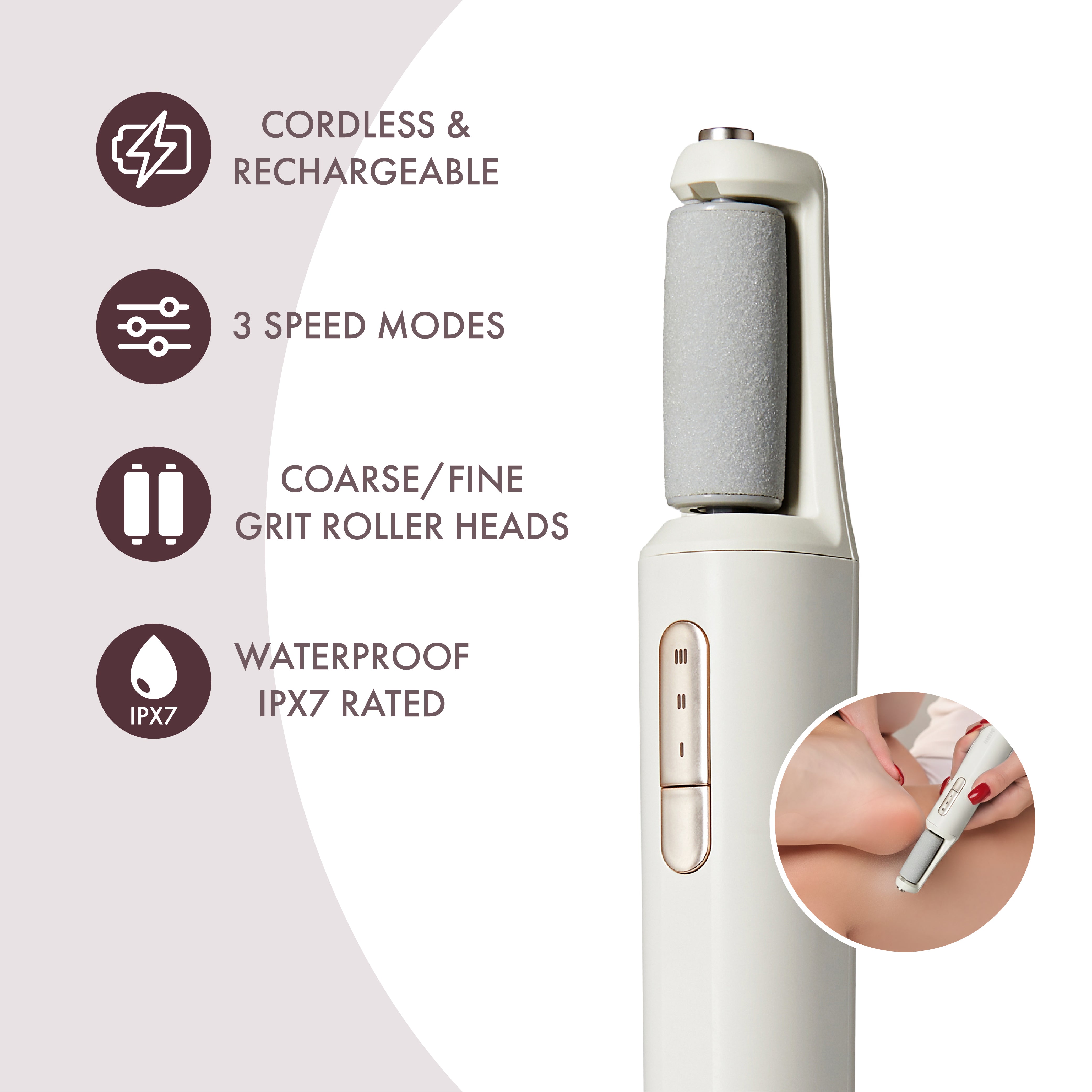 MAVIE Electric Foot File & Callus Remover – Cordless Professional Pedicure Tool with 3 Speeds & Dual Rollers (IPX7 Waterproof)