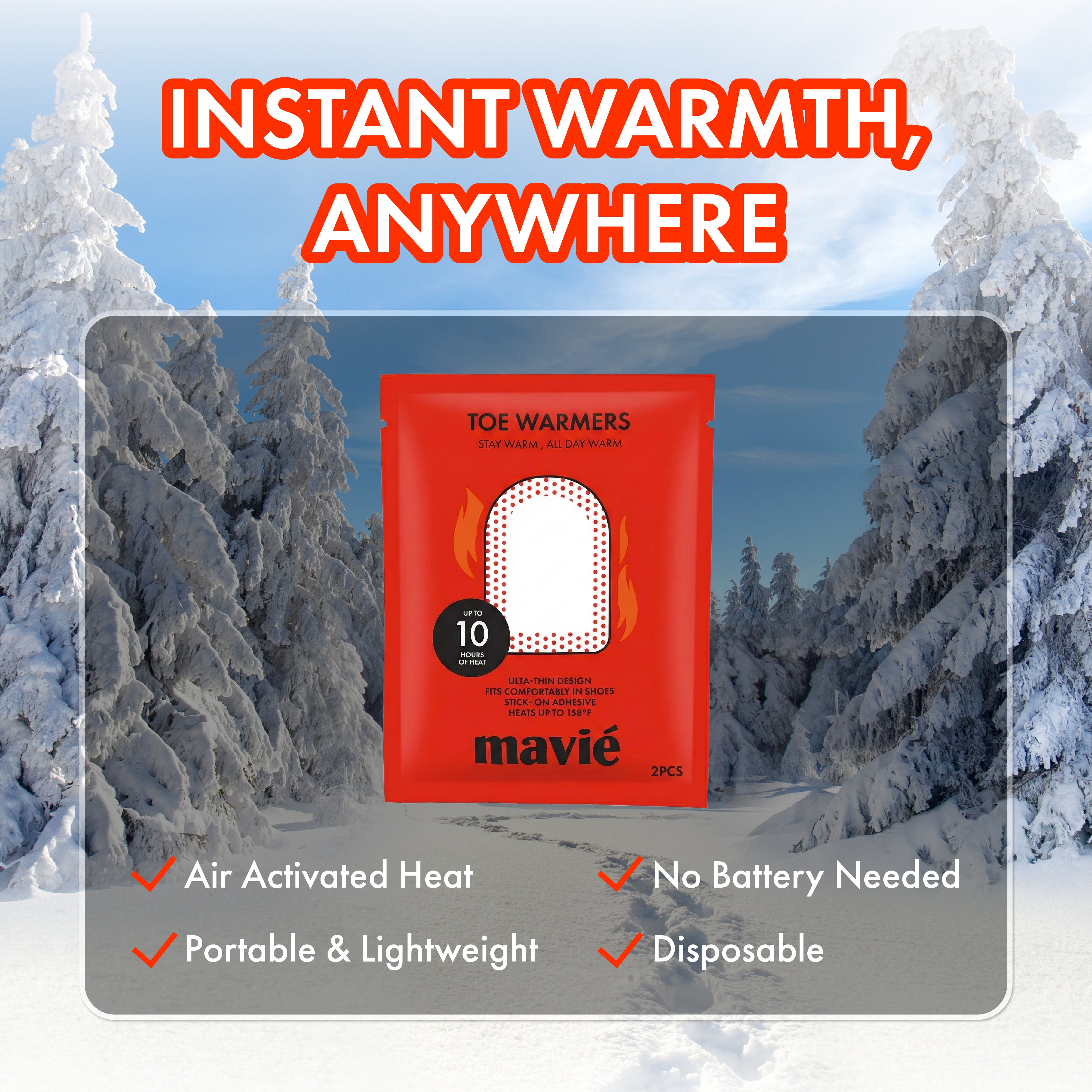 Air-Activated Adhesive Toe Warmers Instant Heat, Includes 2 Warmers