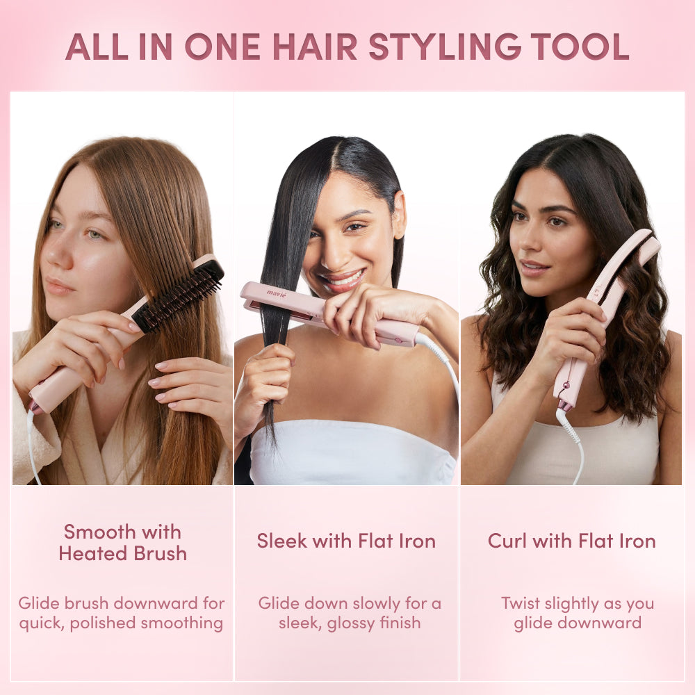 Mavié 2-in-1 Flat Iron Hair Straightener Brush: Detachable Hot Comb, Ceramic Plates & 3 Heat Settings (360°F-430°F), Dual Voltage Anti-Frizz Styler for Smooth Waves & Curls