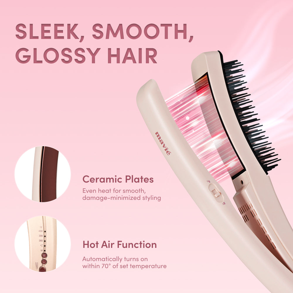 Mavié 2-in-1 Flat Iron Hair Straightener Brush: Detachable Hot Comb, Ceramic Plates & 3 Heat Settings (360°F-430°F), Dual Voltage Anti-Frizz Styler for Smooth Waves & Curls