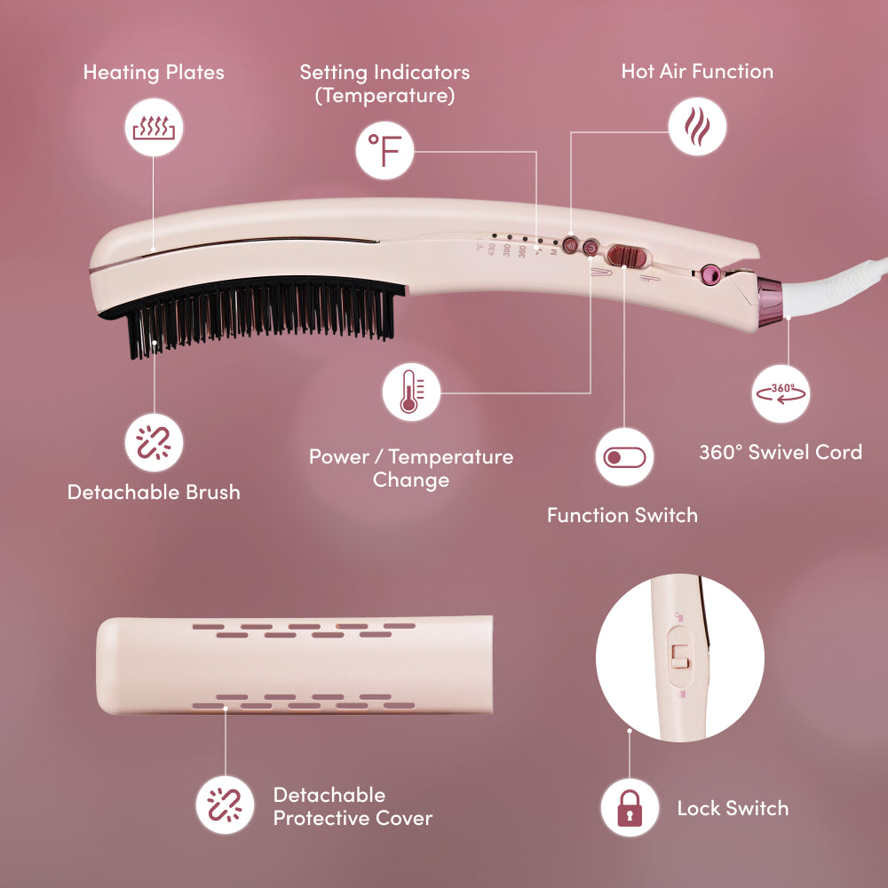 Mavié 2-in-1 Flat Iron Hair Straightener Brush: Detachable Hot Comb, Ceramic Plates & 3 Heat Settings (360°F-430°F), Dual Voltage Anti-Frizz Styler for Smooth Waves & Curls