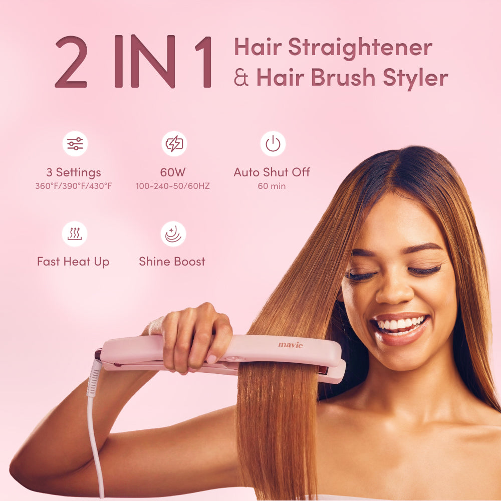 Mavié - 2-in-1 Flat Iron Hair Straightener Brush: Detachable Hot