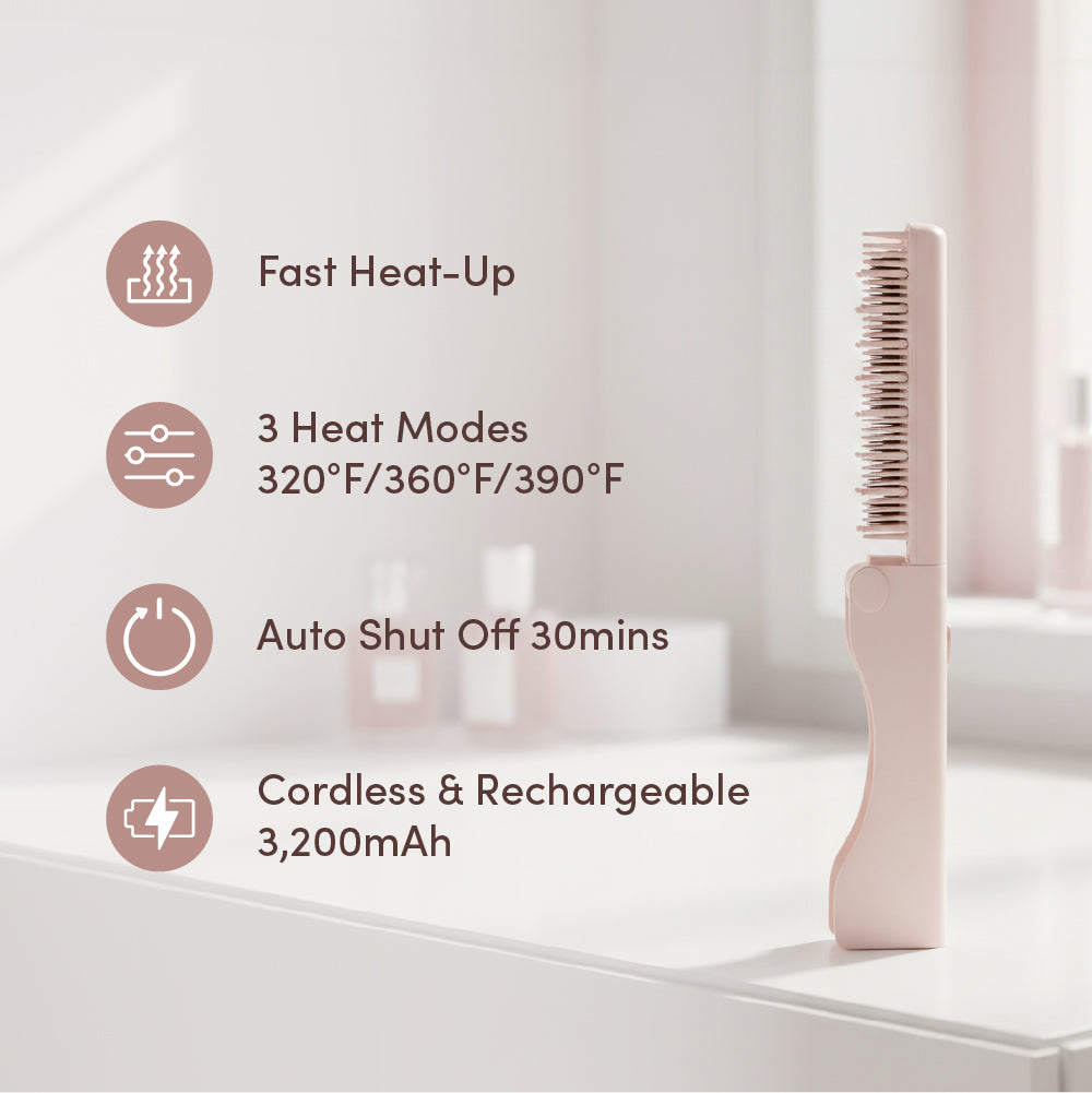 Mavié Compact Hair Straightening Brush - Foldable, Cordless & Rechargeable Hot Comb for Travel, 30s Fast Heat-Up, 3 Heat Modes, Auto Shut-Off