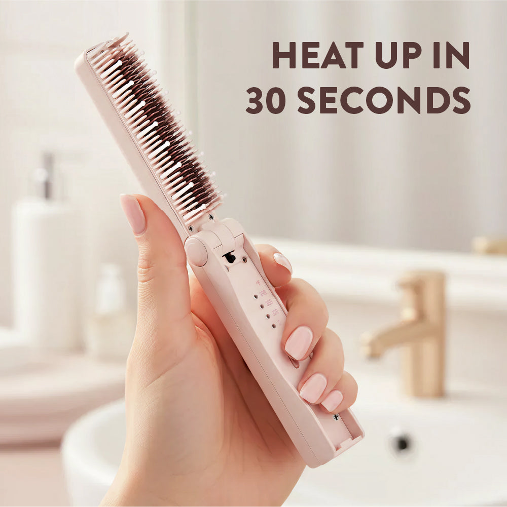 Mavié Compact Hair Straightening Brush - Foldable, Cordless & Rechargeable Hot Comb for Travel, 30s Fast Heat-Up, 3 Heat Modes, Auto Shut-Off