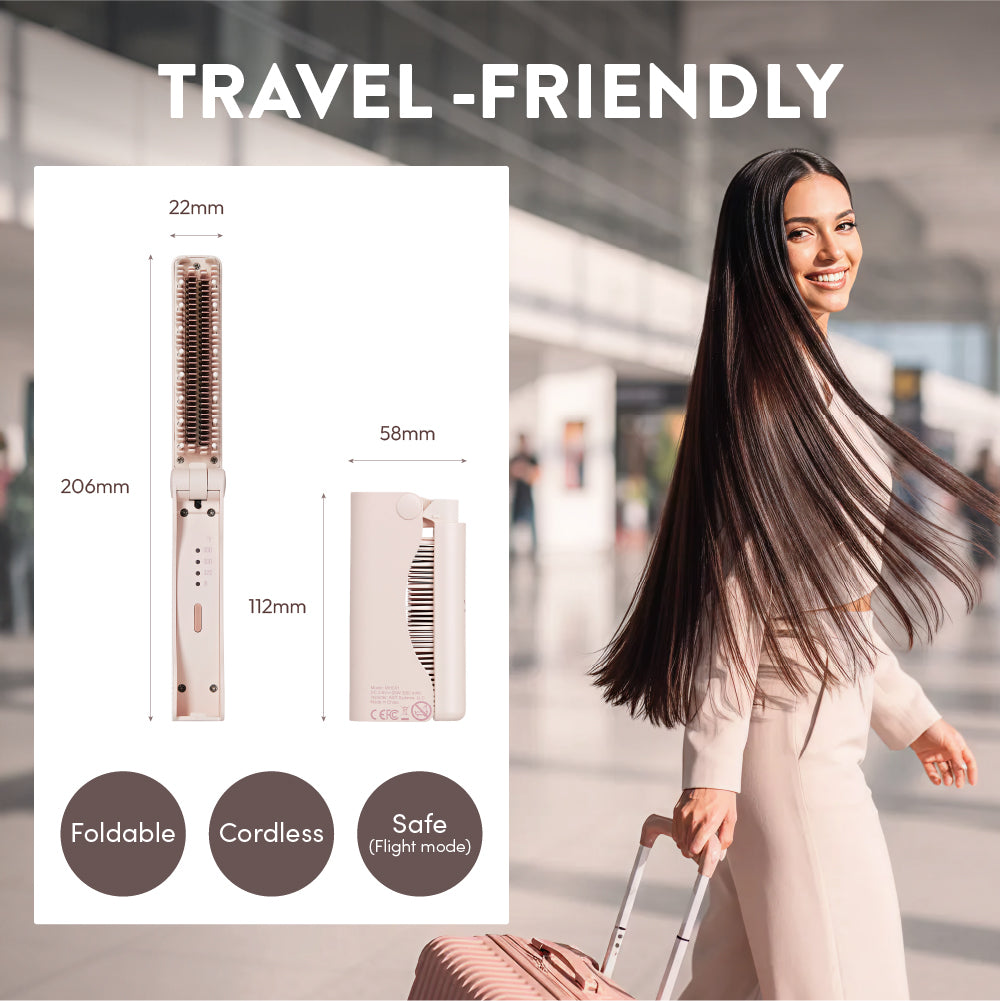 Mavié Compact Hair Straightening Brush - Foldable, Cordless & Rechargeable Hot Comb for Travel, 30s Fast Heat-Up, 3 Heat Modes, Auto Shut-Off