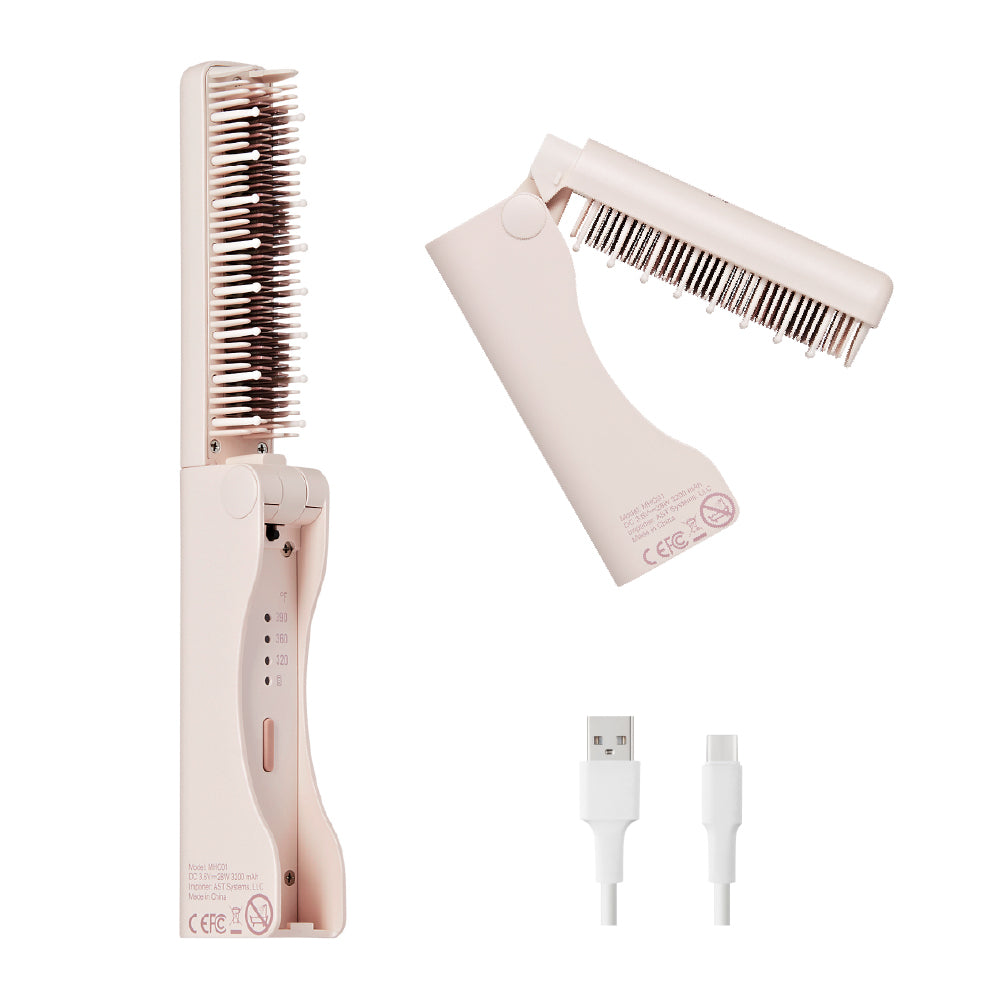 Mavié Compact Hair Straightening Brush - Foldable, Cordless & Rechargeable Hot Comb for Travel, 30s Fast Heat-Up, 3 Heat Modes, Auto Shut-Off