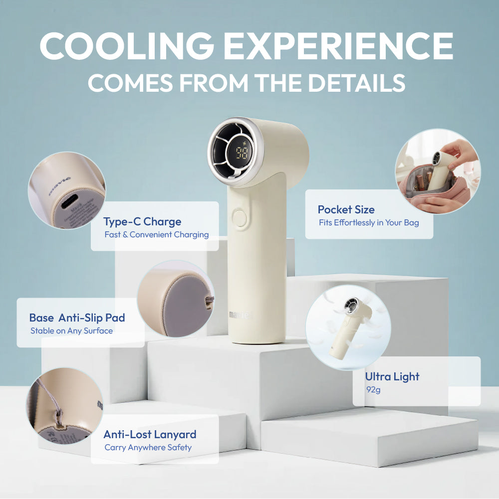 displayall_006 "MAVIÉ Ultra Mini Portable Fan, Powerful Pocket-Sized Handheld Fan, Rechargeable Personal Fan with 5 Speeds, LED Display, Long Battery Life for Travel & Makeup product view."