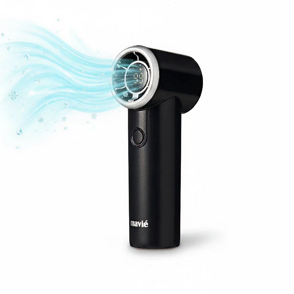 pfan03_main "MAVIÉ Ultra Mini Portable Fan, Powerful Pocket-Sized Handheld Fan, Rechargeable Personal Fan with 5 Speeds, LED Display, Long Battery Life for Travel & Makeup in Black product view."