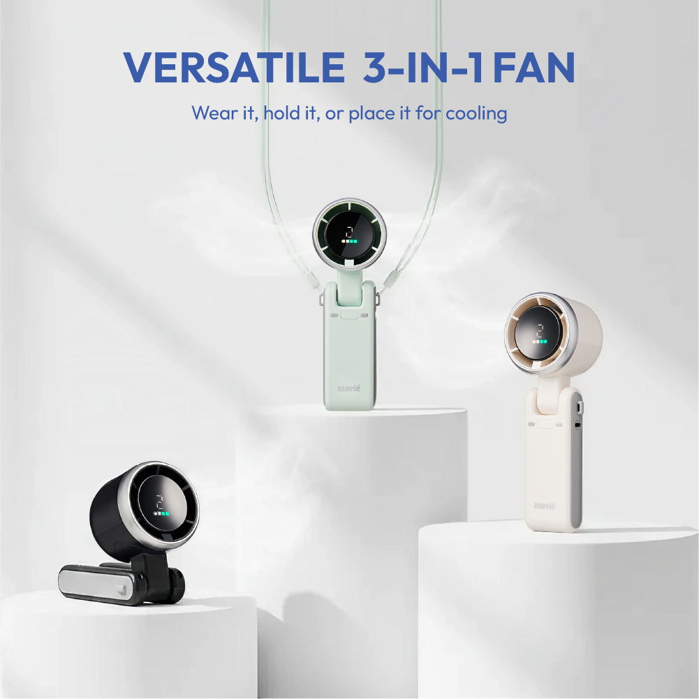 displayall_006 "MAVIÉ Portable Handheld Turbo Fan, Rechargeable 3-In-1 Mini Personal Desk & Neck Fan, 5 Speeds & LED Display, Long Battery Life, Foldable Design With Lanyard for Travel, Outdoor, Beach, Makeup product view."