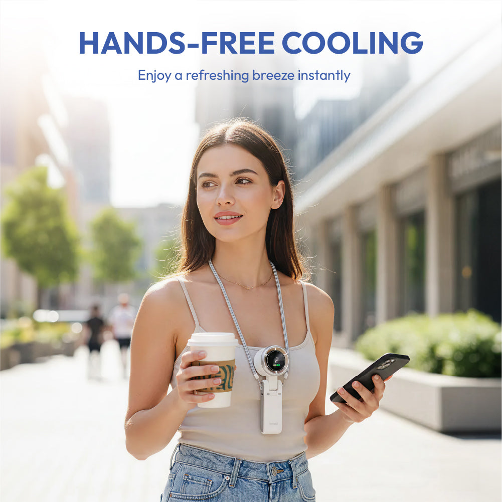 displayall_005 "MAVIÉ Portable Handheld Turbo Fan, Rechargeable 3-In-1 Mini Personal Desk & Neck Fan, 5 Speeds & LED Display, Long Battery Life, Foldable Design With Lanyard for Travel, Outdoor, Beach, Makeup product view."