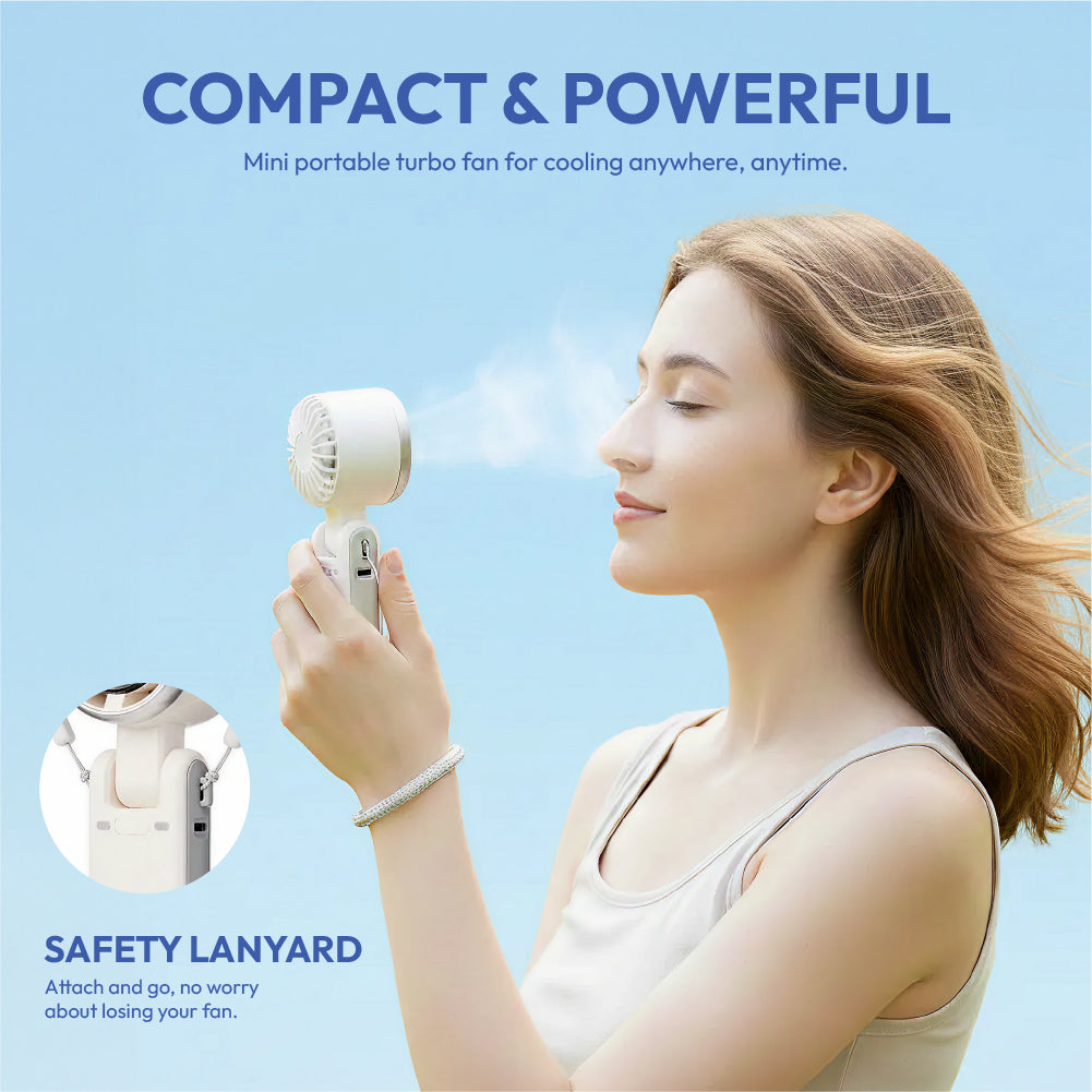 displayall_001 "MAVIÉ Portable Handheld Turbo Fan, Rechargeable 3-In-1 Mini Personal Desk & Neck Fan, 5 Speeds & LED Display, Long Battery Life, Foldable Design With Lanyard for Travel, Outdoor, Beach, Makeup product view."