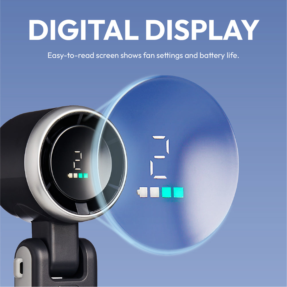 displayall_002 "MAVIÉ Portable Handheld Turbo Fan, Rechargeable 3-In-1 Mini Personal Desk & Neck Fan, 5 Speeds & LED Display, Long Battery Life, Foldable Design With Lanyard for Travel, Outdoor, Beach, Makeup product view."