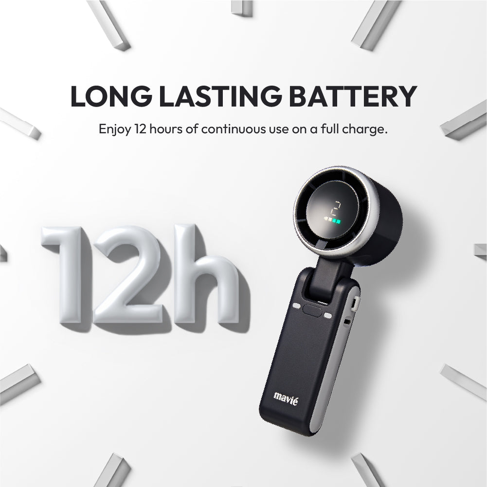 displayall_004 "MAVIÉ Portable Handheld Turbo Fan, Rechargeable 3-In-1 Mini Personal Desk & Neck Fan, 5 Speeds & LED Display, Long Battery Life, Foldable Design With Lanyard for Travel, Outdoor, Beach, Makeup product view."