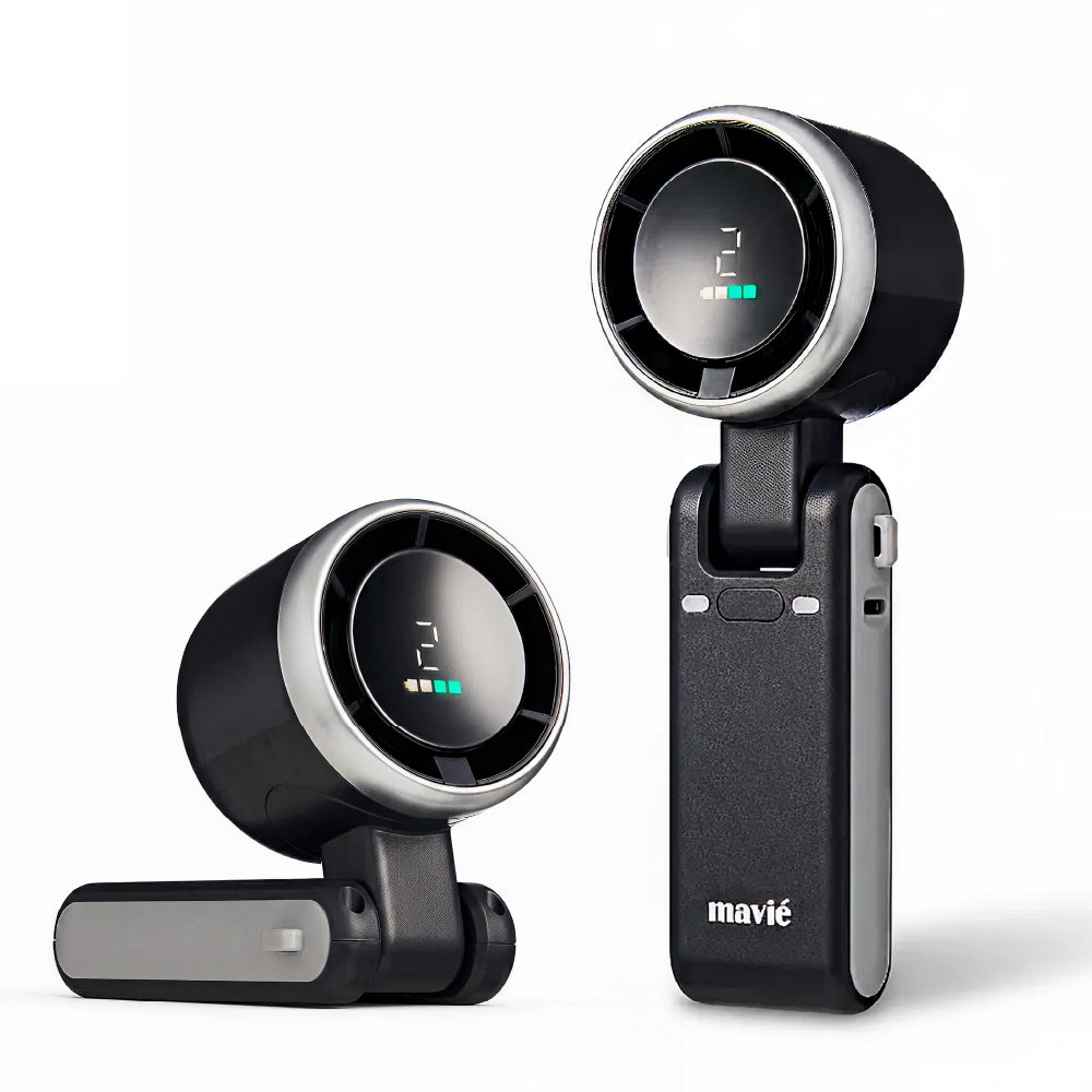 pfan07_main "MAVIÉ Portable Handheld Turbo Fan, Rechargeable 3-In-1 Mini Personal Desk & Neck Fan, 5 Speeds & LED Display, Long Battery Life, Foldable Design With Lanyard for Travel, Outdoor, Beach, Makeup in Black, main product view."