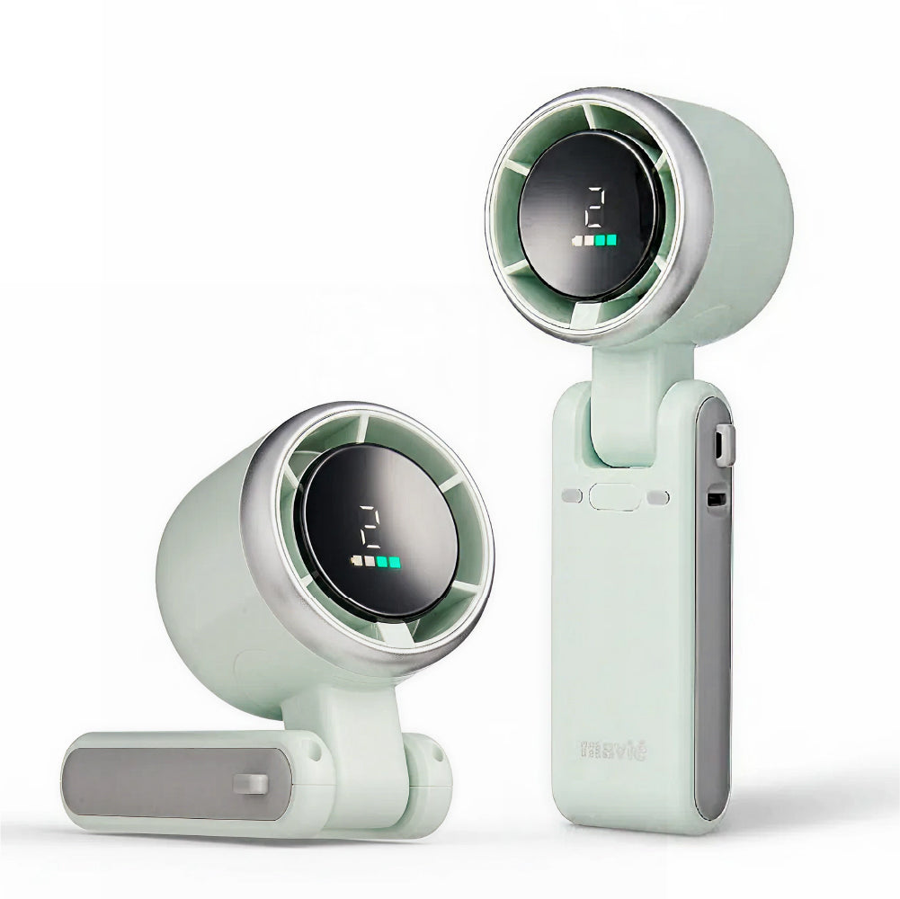 pfan09_main "MAVIÉ Portable Handheld Turbo Fan, Rechargeable 3-In-1 Mini Personal Desk & Neck Fan, 5 Speeds & LED Display, Long Battery Life, Foldable Design With Lanyard for Travel, Outdoor, Beach, Makeup in Mint, main product view."