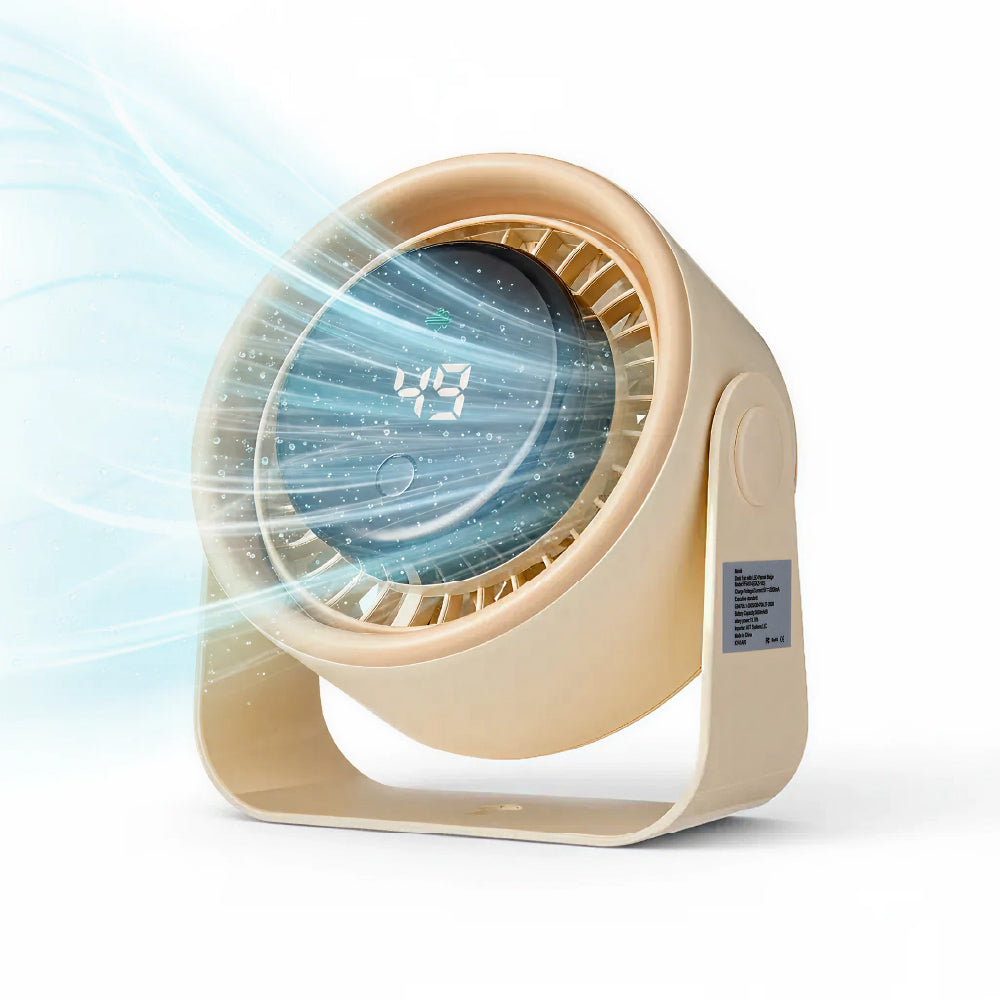 pfan14_main "MAVIÉ Small Desk Fan, Rechargeable Quiet Mini Personal Fan With LED Digital Display, Portable Wall-Mount & Cordless Design, 5 Speeds, Long Battery Life, Travel for Office, Home, Bedroom in Beige product view."