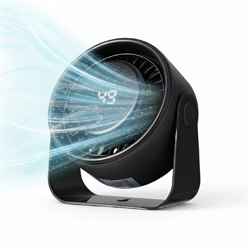 pfan15_main "MAVIÉ Small Desk Fan, Rechargeable Quiet Mini Personal Fan With LED Digital Display, Portable Wall-Mount & Cordless Design, 5 Speeds, Long Battery Life, Travel for Office, Home, Bedroom in Black product view."
